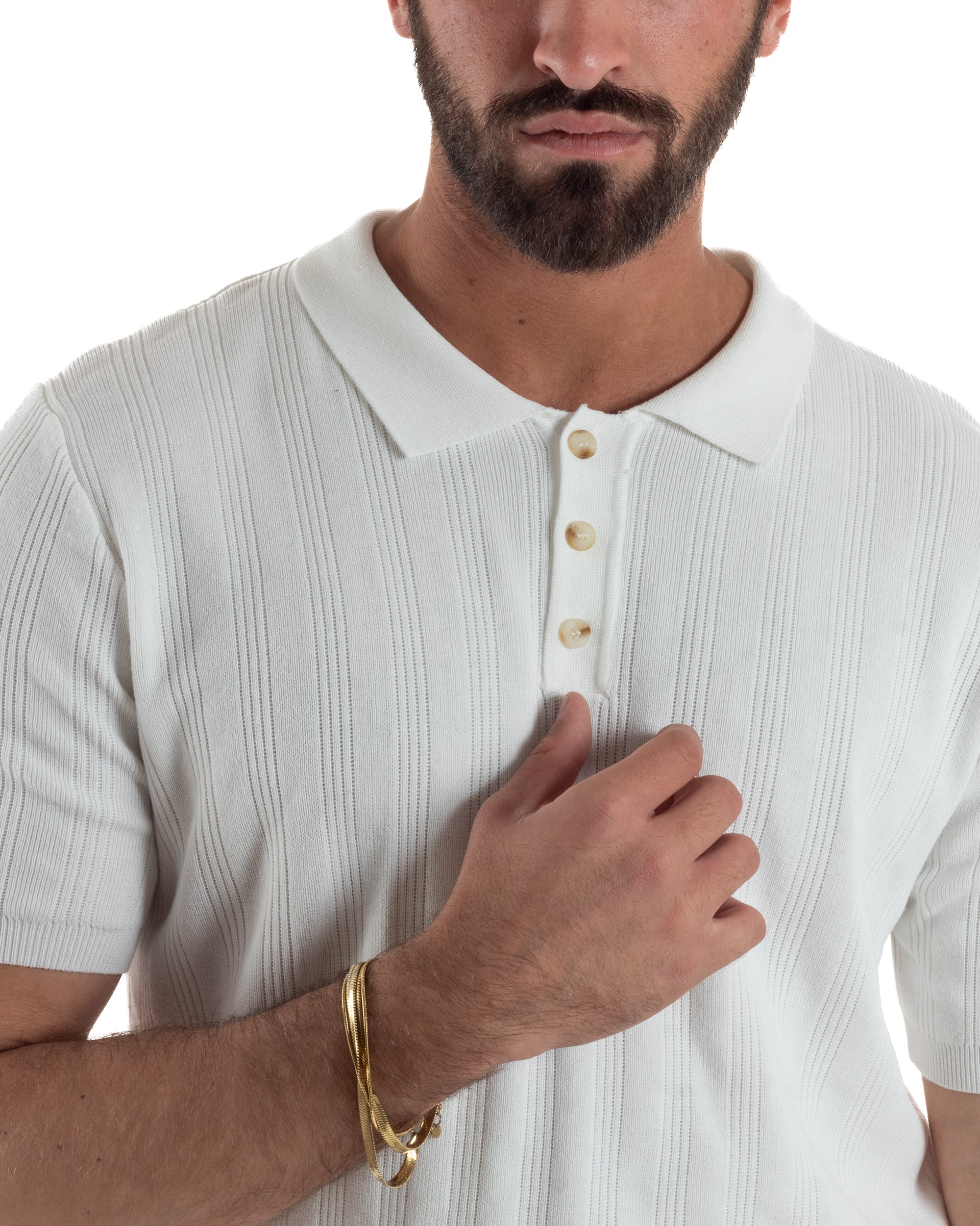 Polo uomo filo maglia costine colletto con bottoni t-shirt sottogiacca bianco GIOSAL-TS3272A