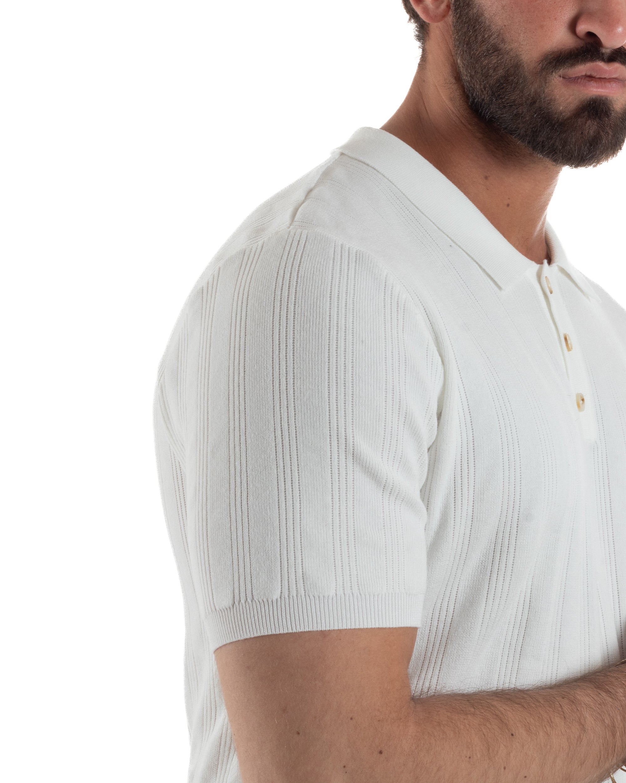 Polo uomo filo maglia costine colletto con bottoni t-shirt sottogiacca bianco GIOSAL-TS3272A