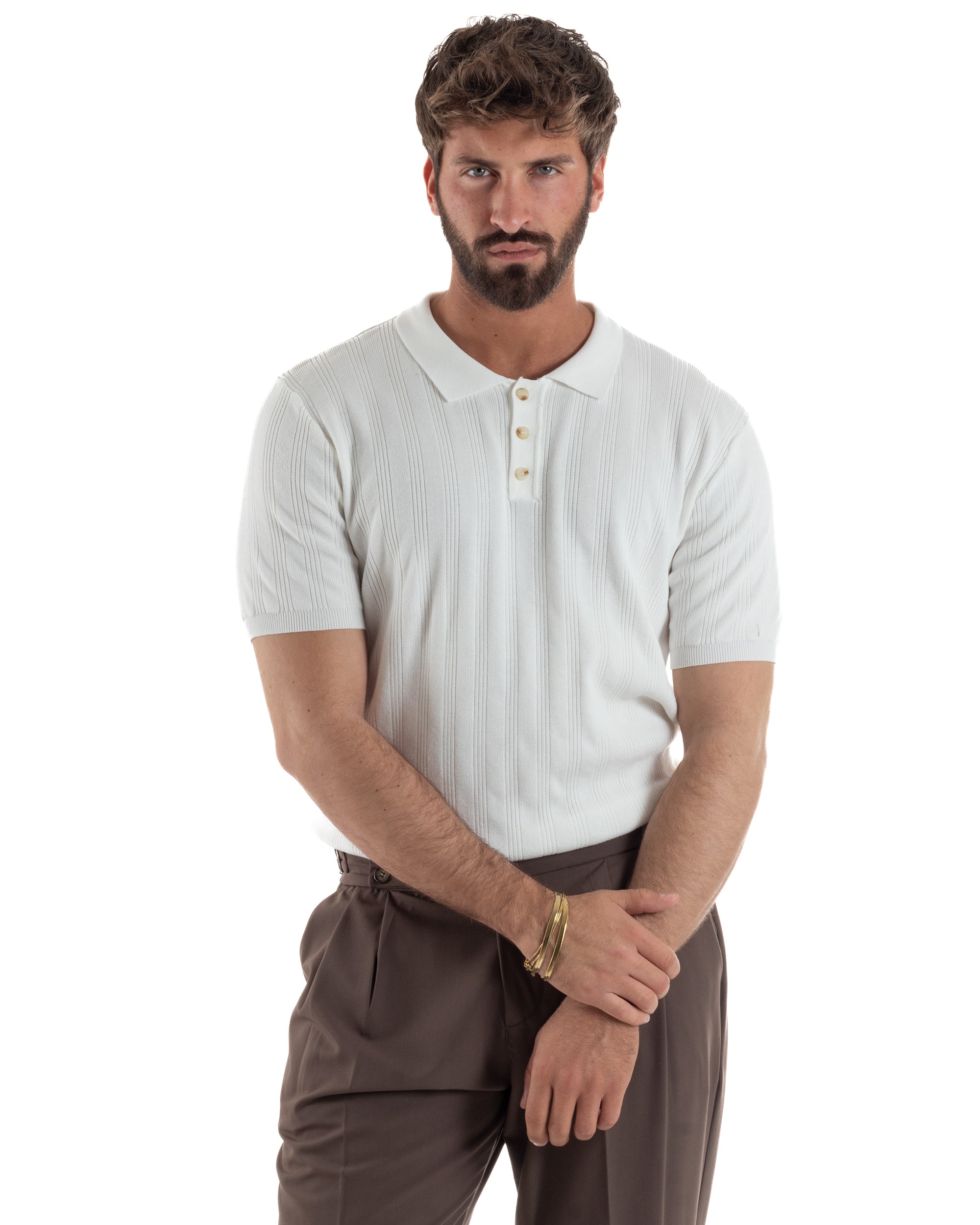Polo uomo filo maglia costine colletto con bottoni t-shirt sottogiacca bianco GIOSAL-TS3272A