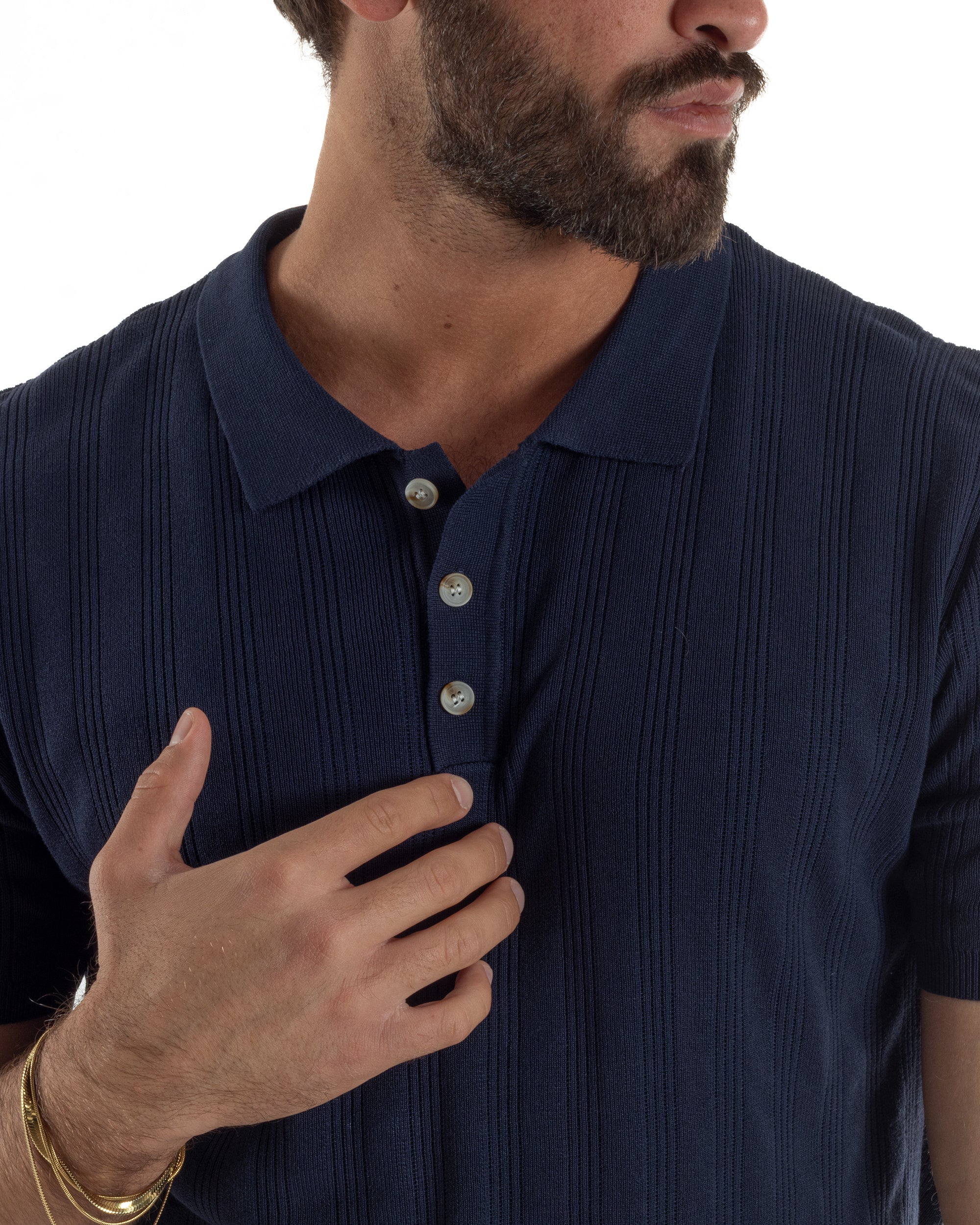 Polo uomo filo maglia costine colletto con bottoni t-shirt sottogiacca blu GIOSAL-TS3273A