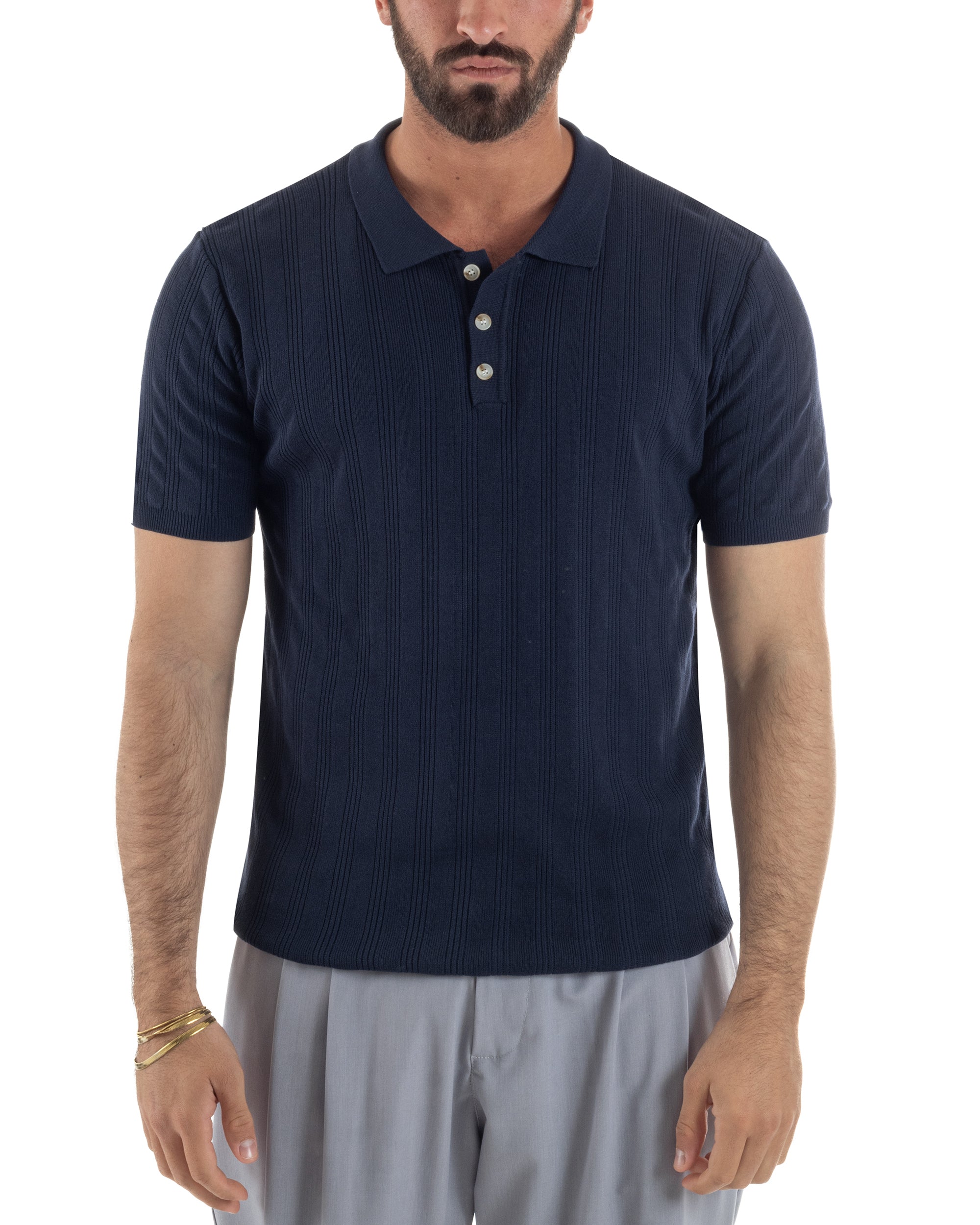 Polo uomo filo maglia costine colletto con bottoni t-shirt sottogiacca blu GIOSAL-TS3273A