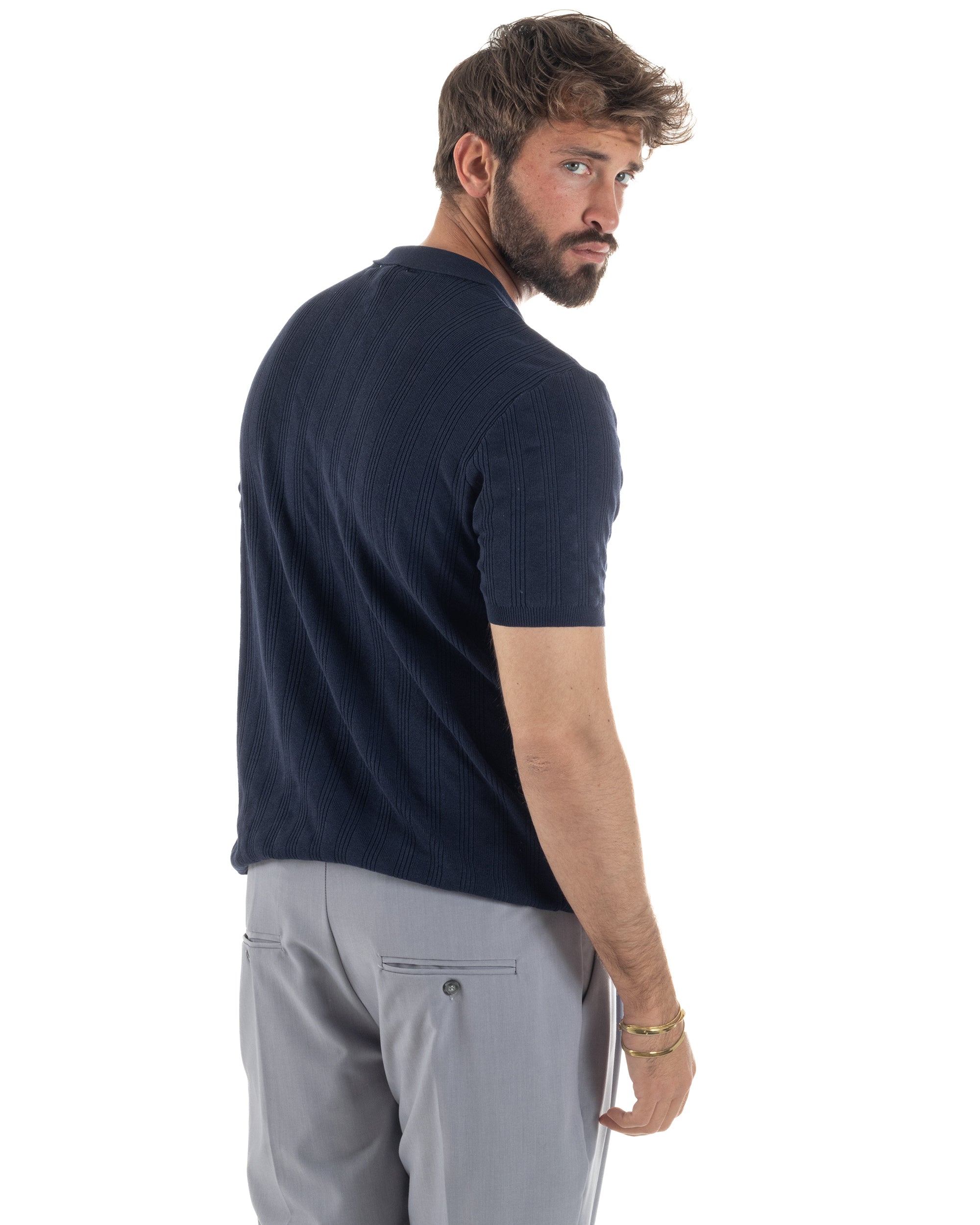 Polo uomo filo maglia costine colletto con bottoni t-shirt sottogiacca blu GIOSAL-TS3273A