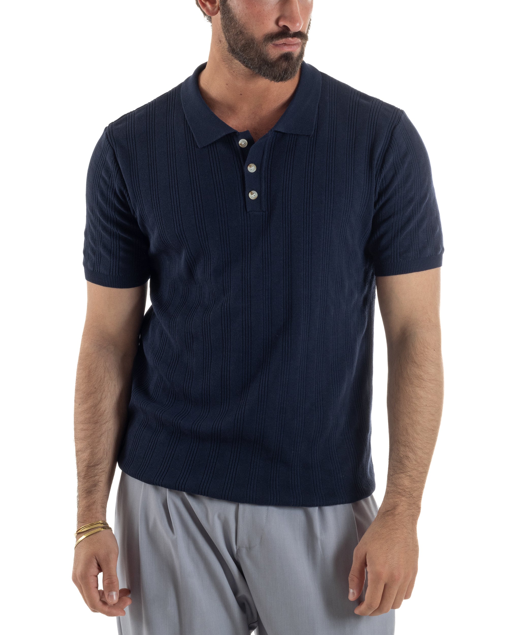 Polo uomo filo maglia costine colletto con bottoni t-shirt sottogiacca blu GIOSAL-TS3273A