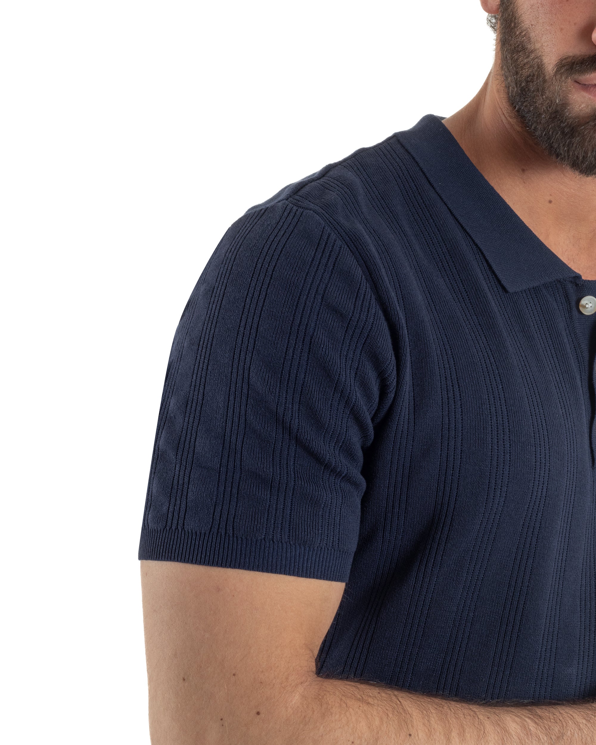 Polo uomo filo maglia costine colletto con bottoni t-shirt sottogiacca blu GIOSAL-TS3273A