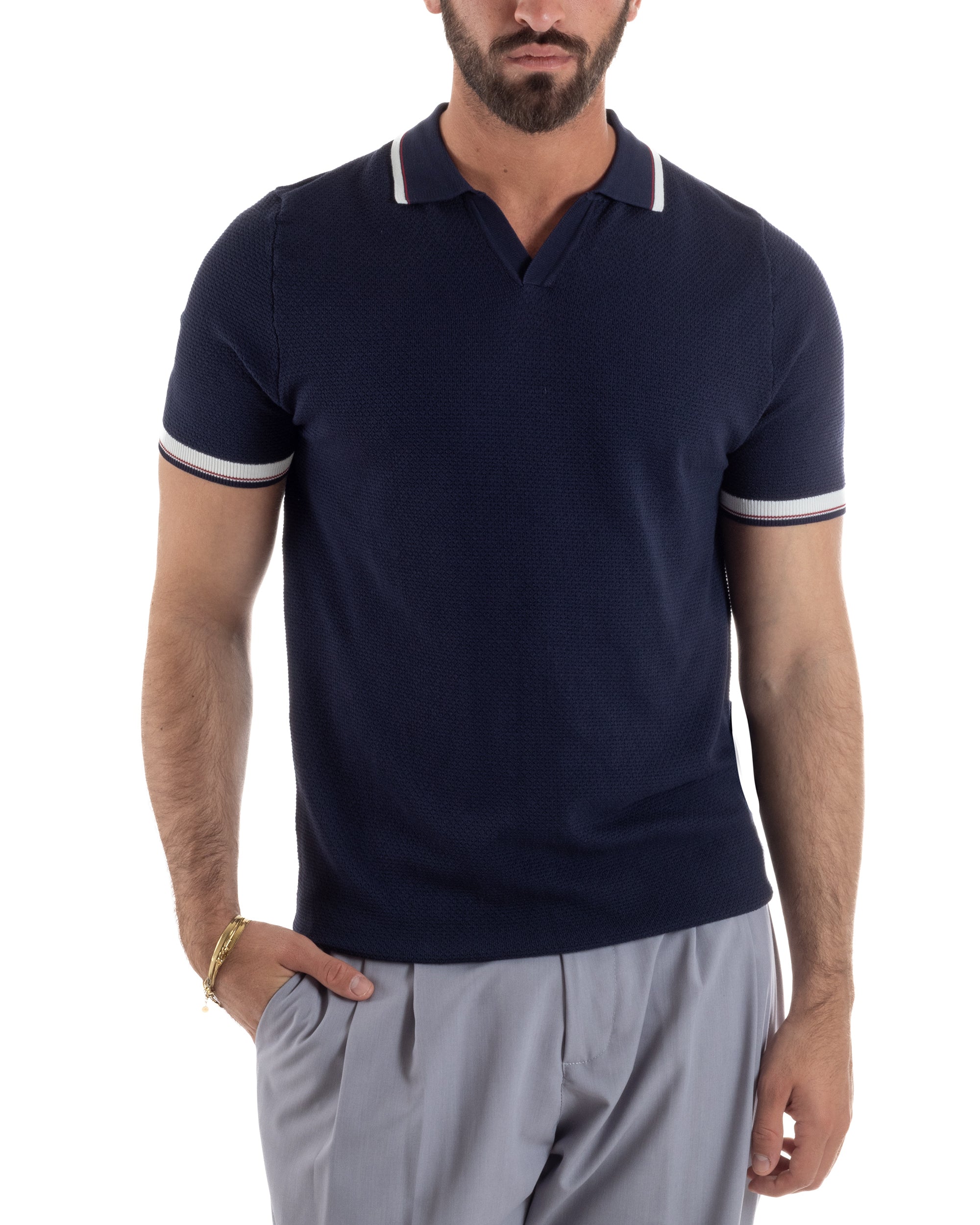 Polo uomo blu maglia lavorata traforata colletto aperto righe contrasto collo maniche regular fit