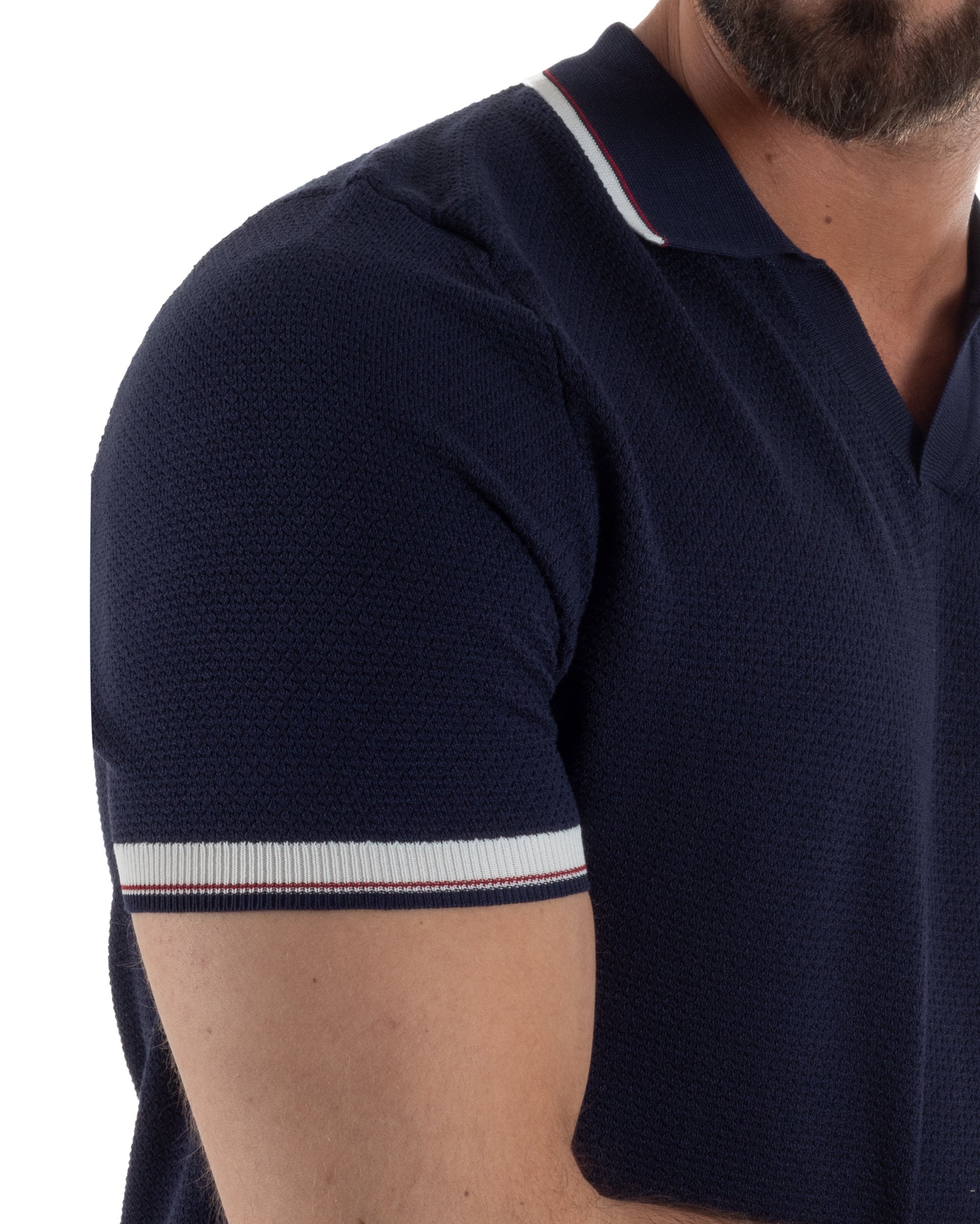 polo blu uomo maglia lavorata colletto aperto scollo v righe contrasto viscosa