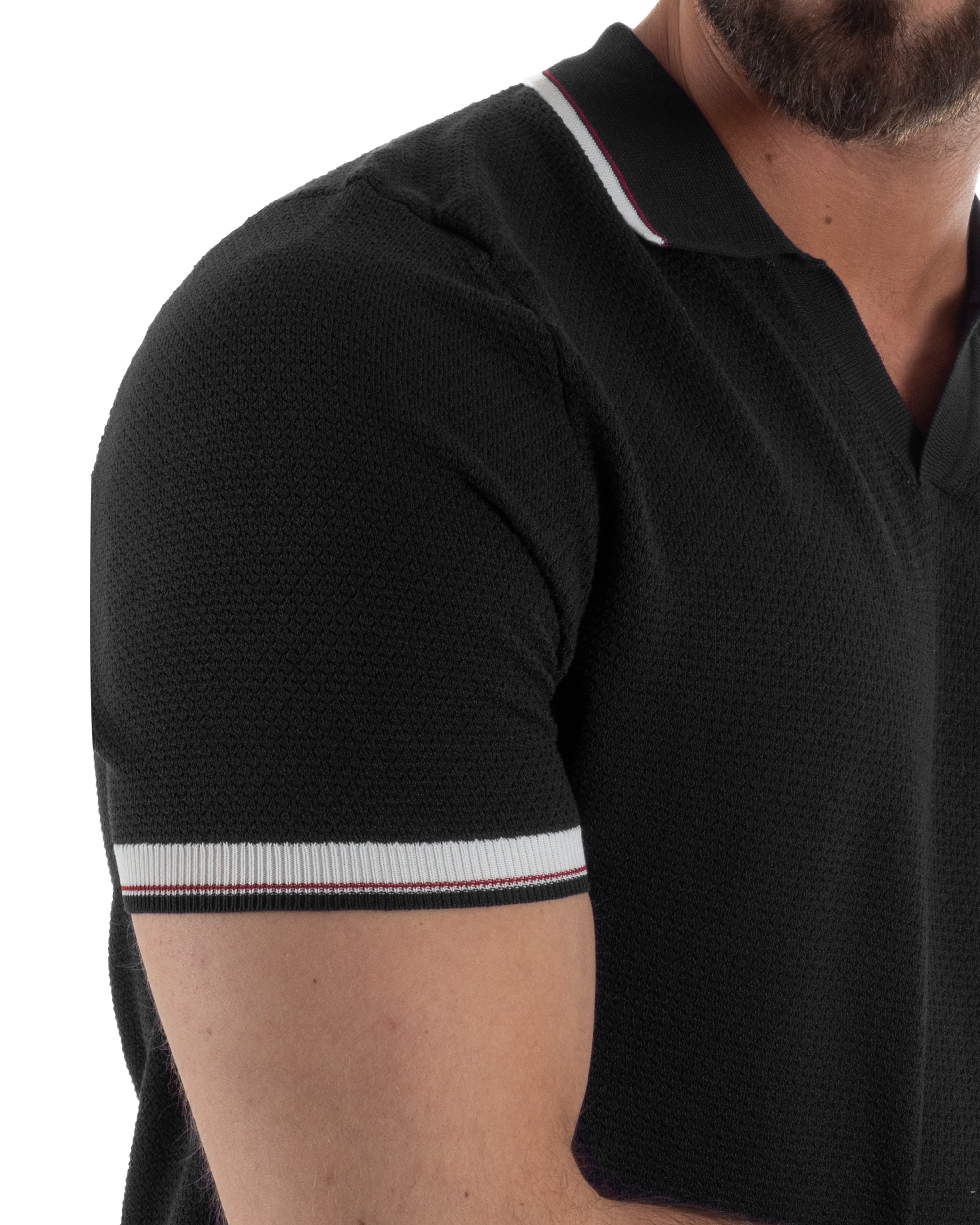 Polo uomo nero maglia lavorata traforata colletto aperto righe contrasto collo maniche