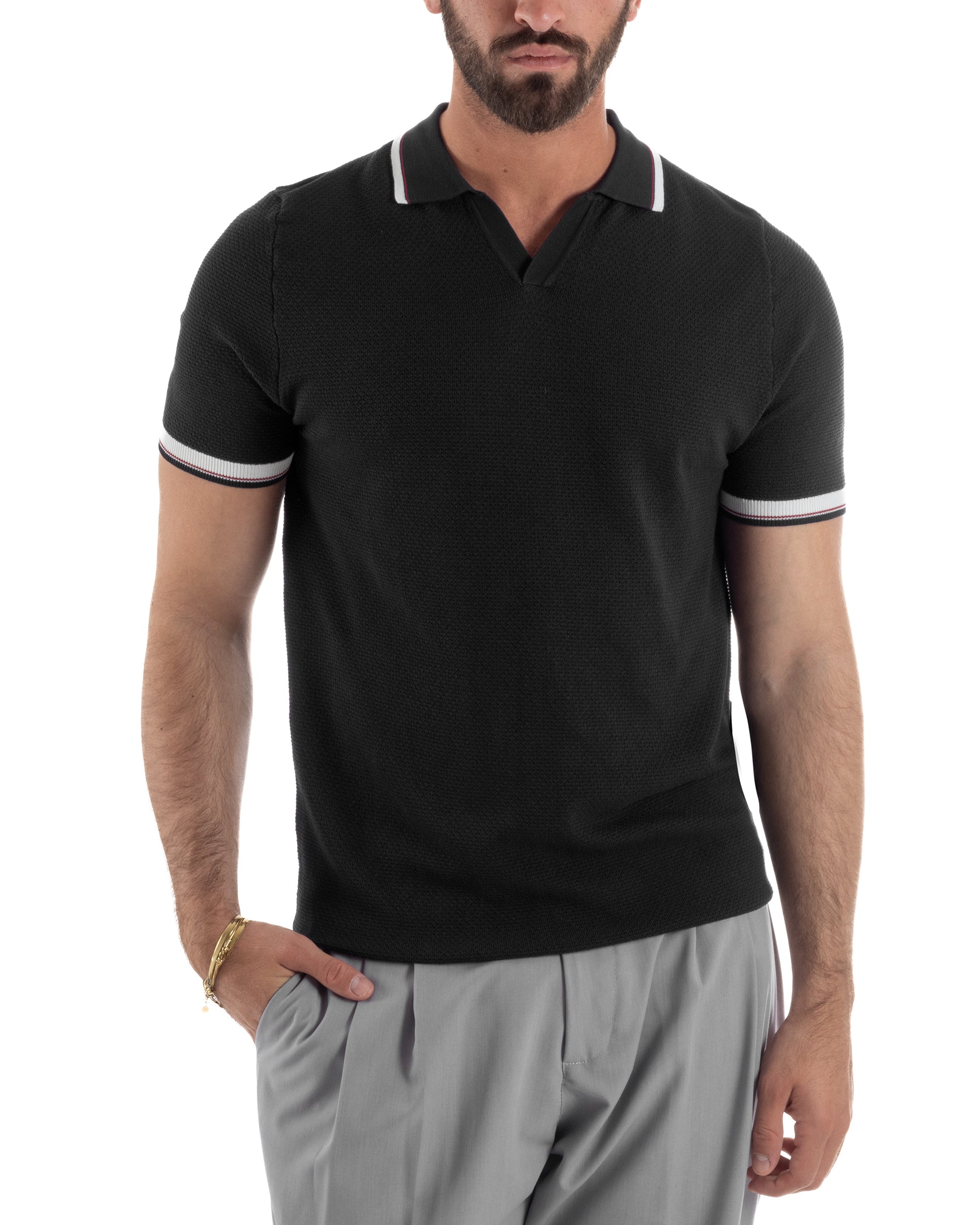 Polo uomo nero filo traforato colletto aperto sottogiacca regular fit 85% viscosa poliestere