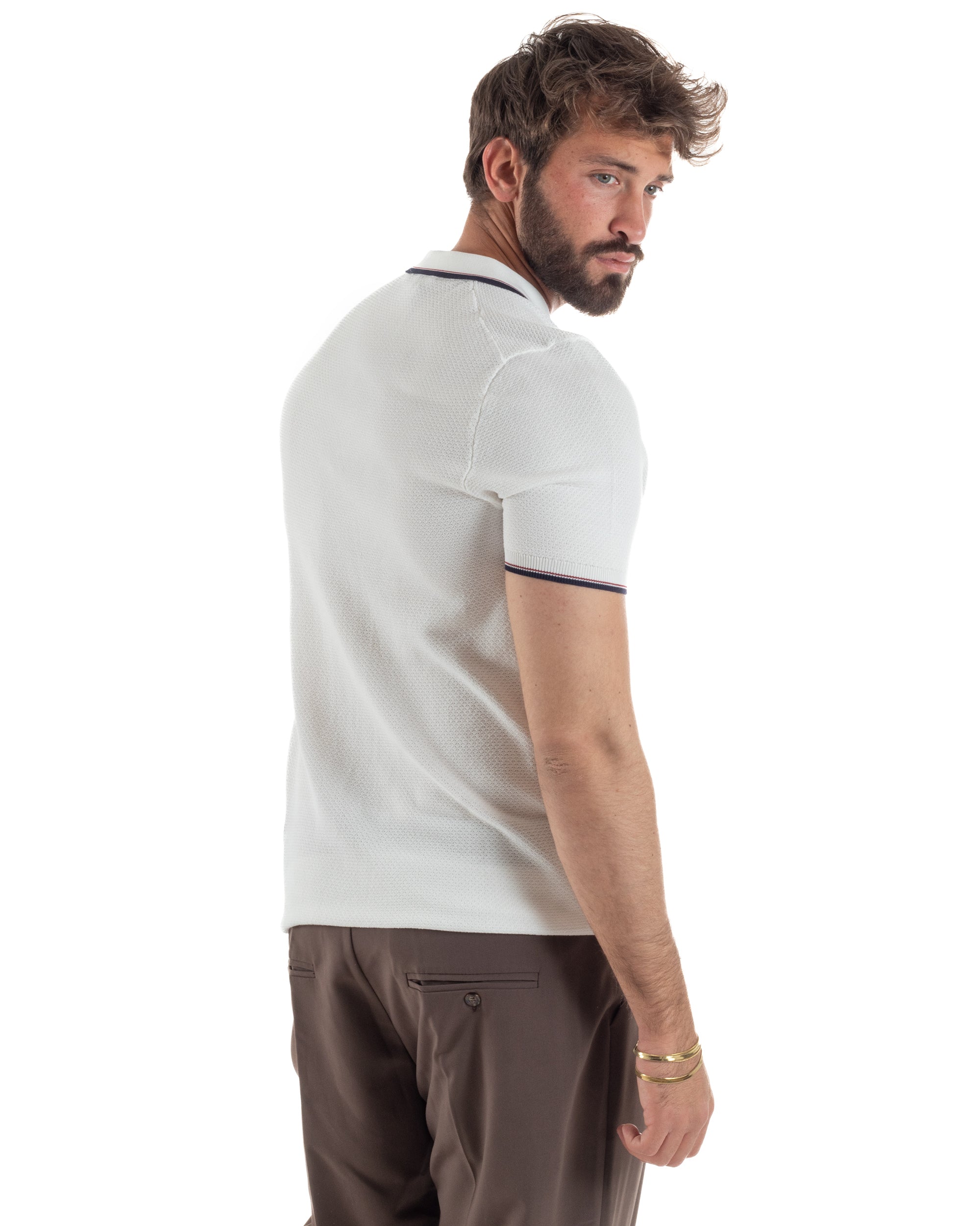 Profili rigati contrasto polo bianco filo maglia uomo