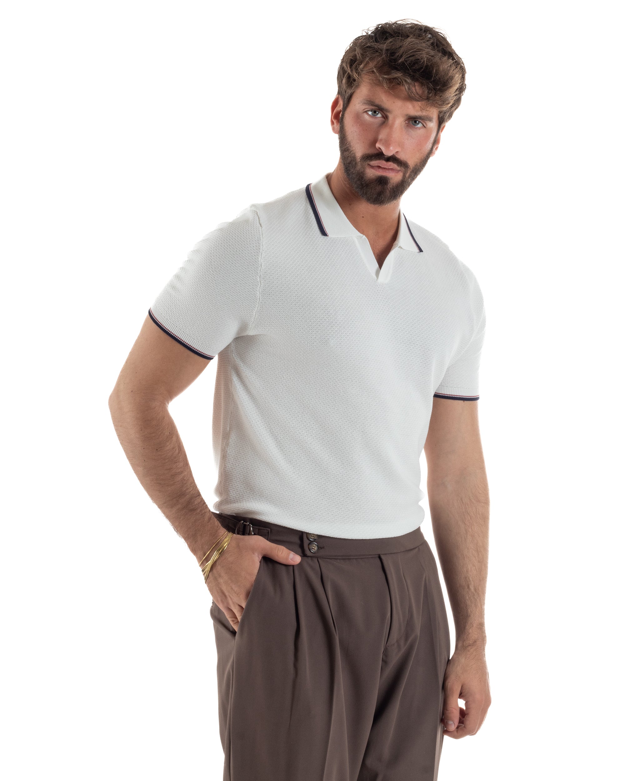 Polo uomo bianco filo traforato colletto aperto sottogiacca regular fit 85% viscosa poliestere