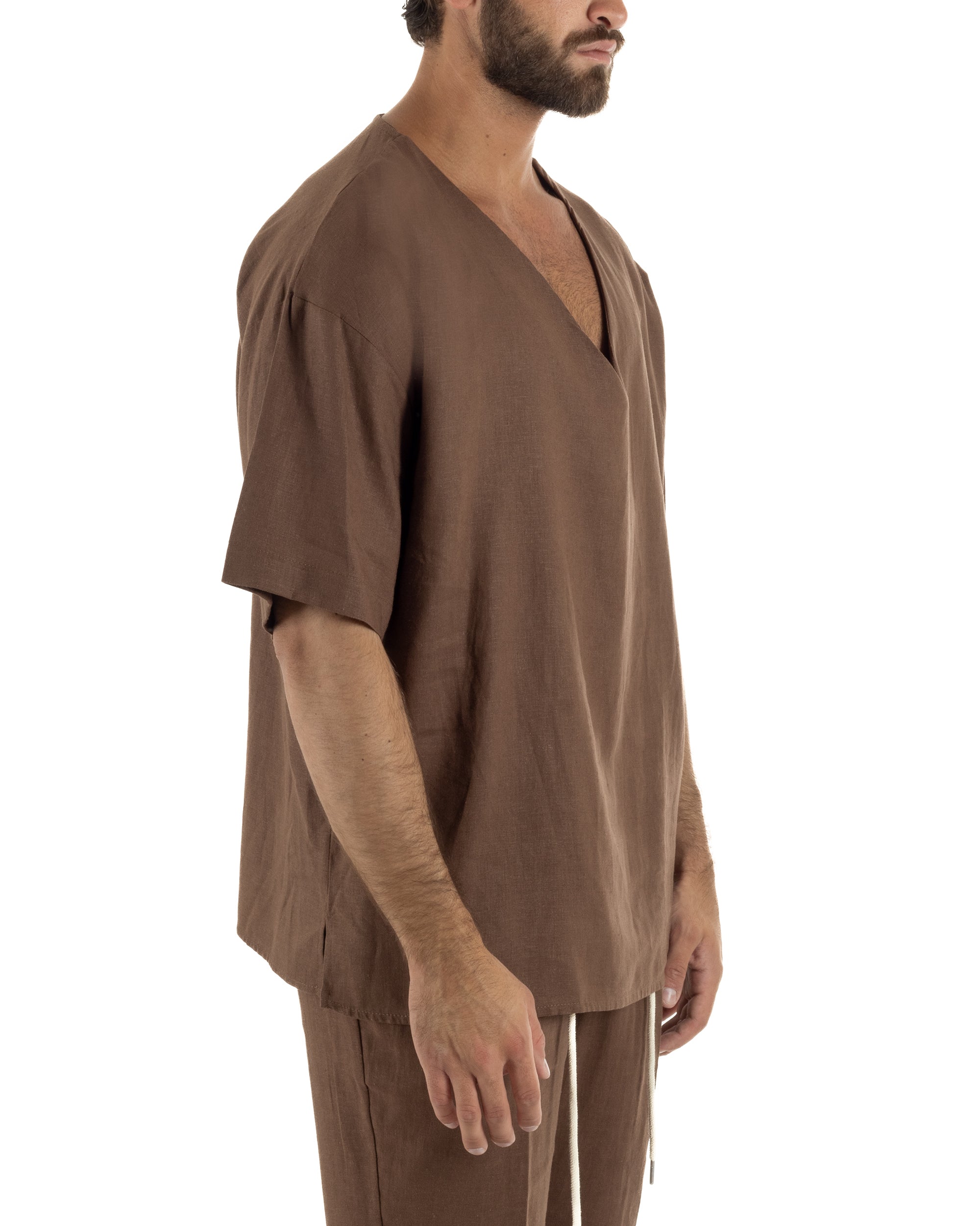 T-shirt casacca uomo lino over fit con scollo a v profondo marrone GIOSAL-TS3277A