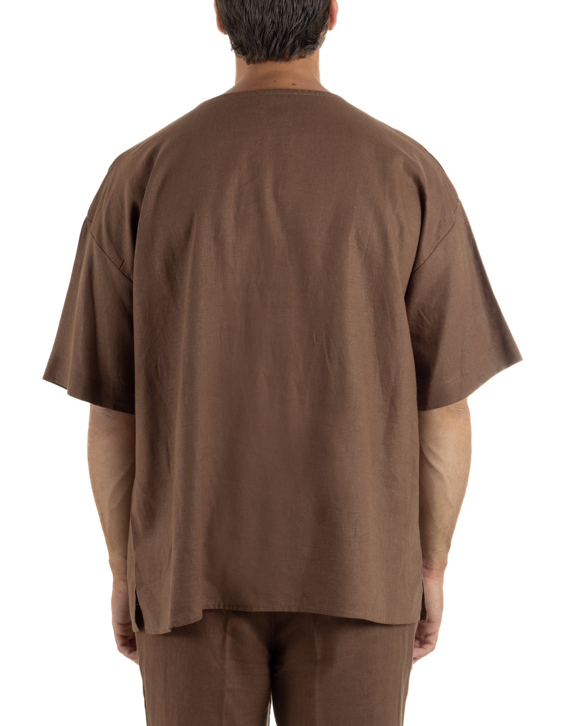 T-shirt casacca uomo lino over fit con scollo a v profondo marrone GIOSAL-TS3277A