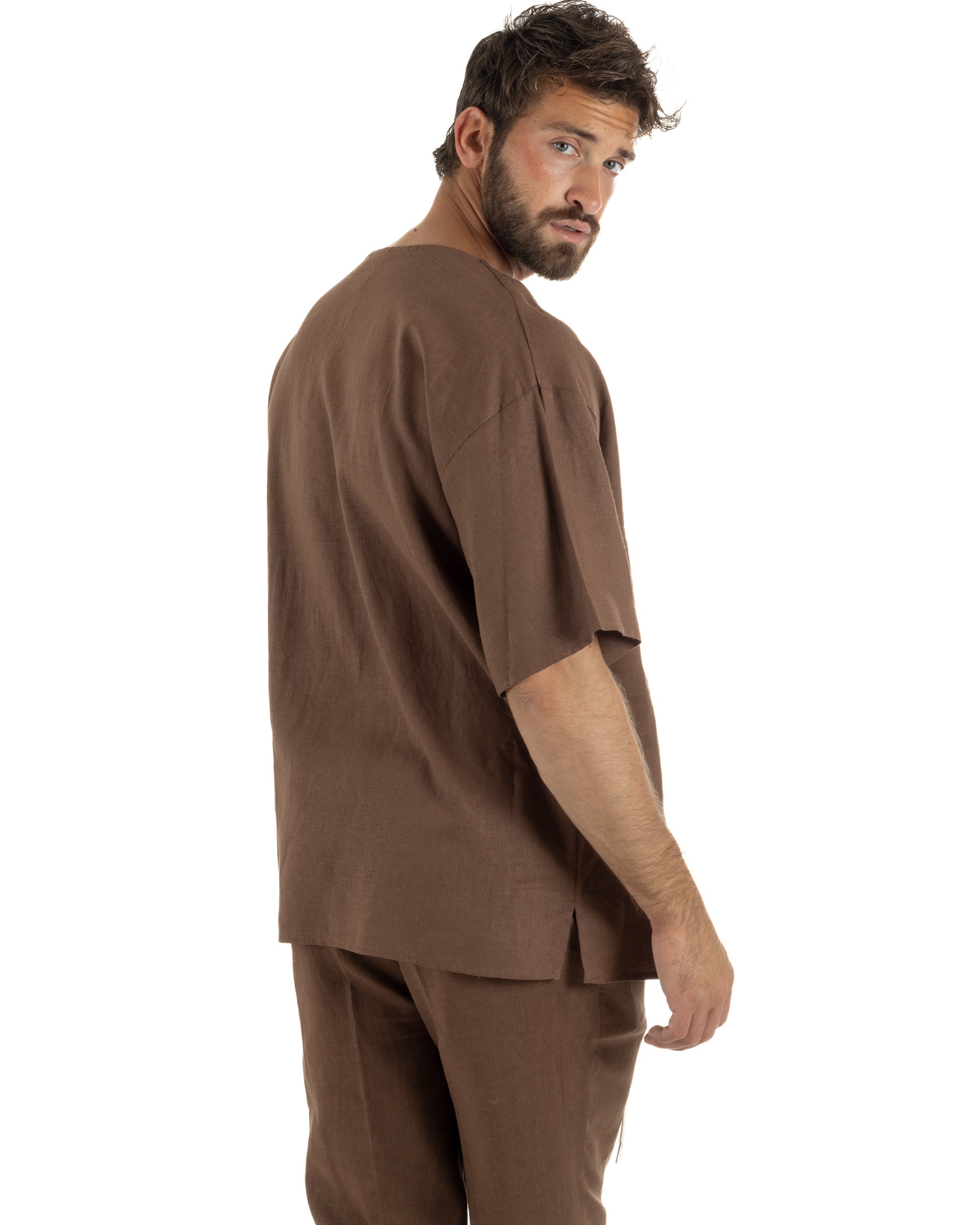 T-shirt casacca uomo lino over fit con scollo a v profondo marrone GIOSAL-TS3277A