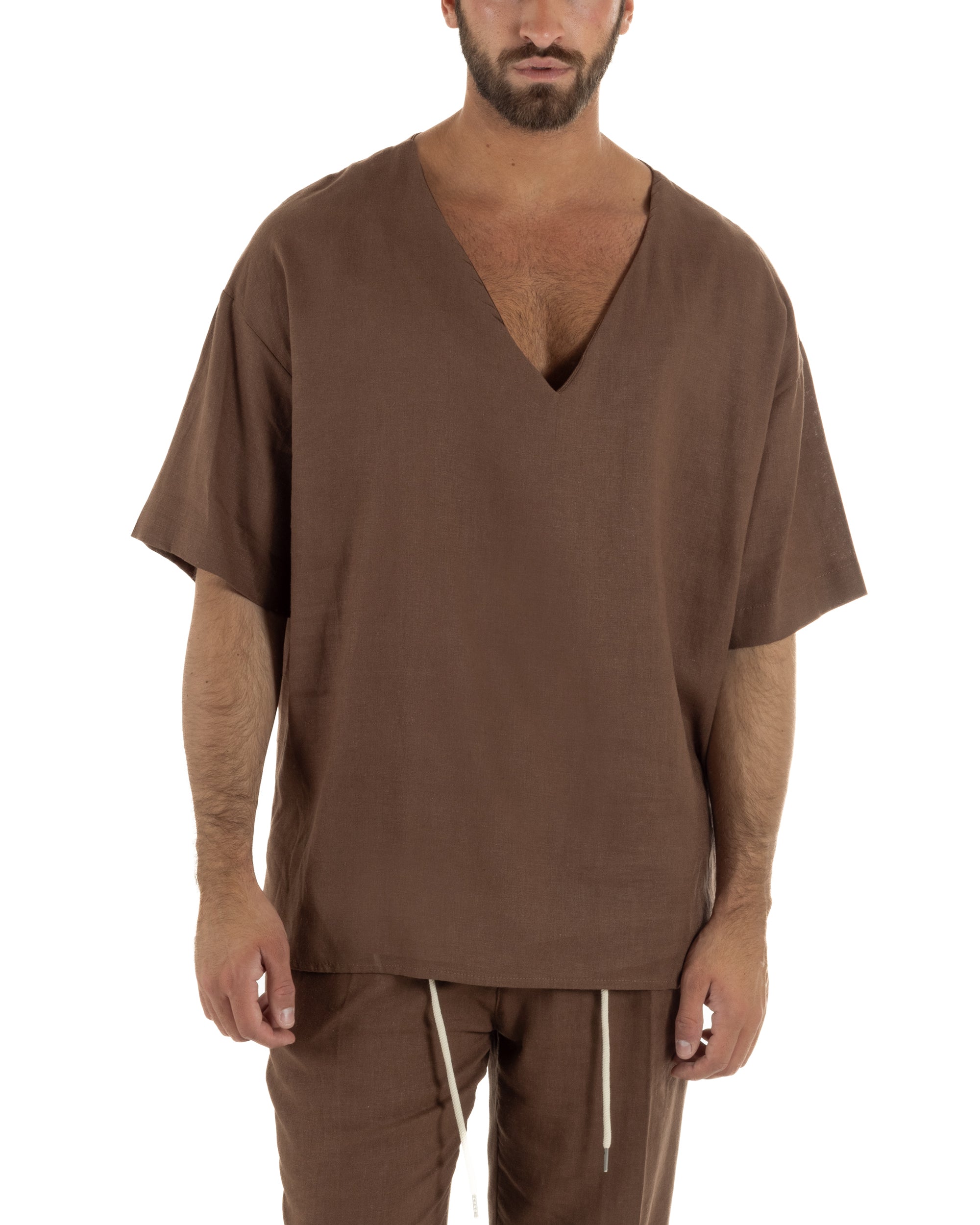 T-shirt casacca uomo lino over fit con scollo a v profondo marrone GIOSAL-TS3277A