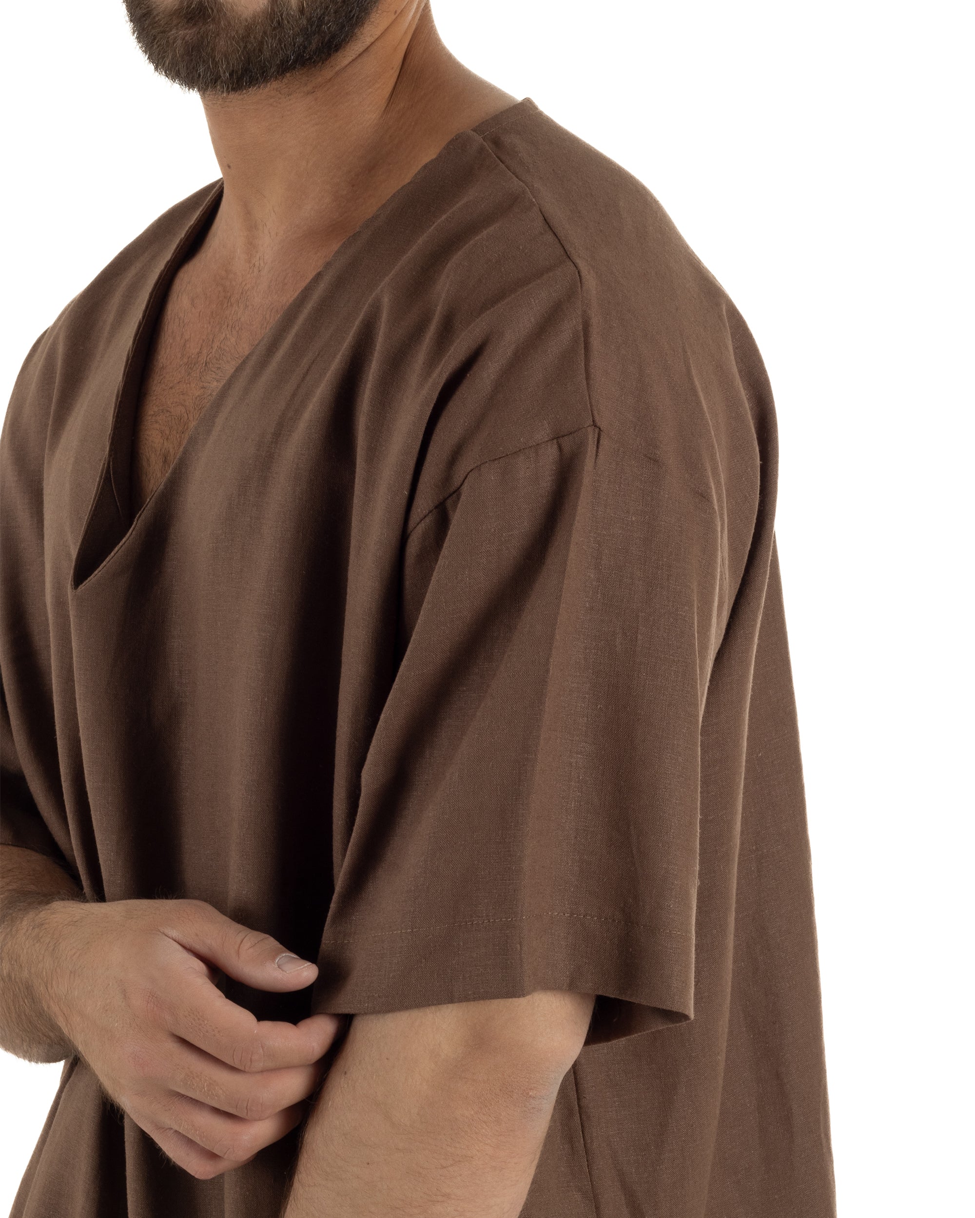 T-shirt casacca uomo lino over fit con scollo a v profondo marrone GIOSAL-TS3277A