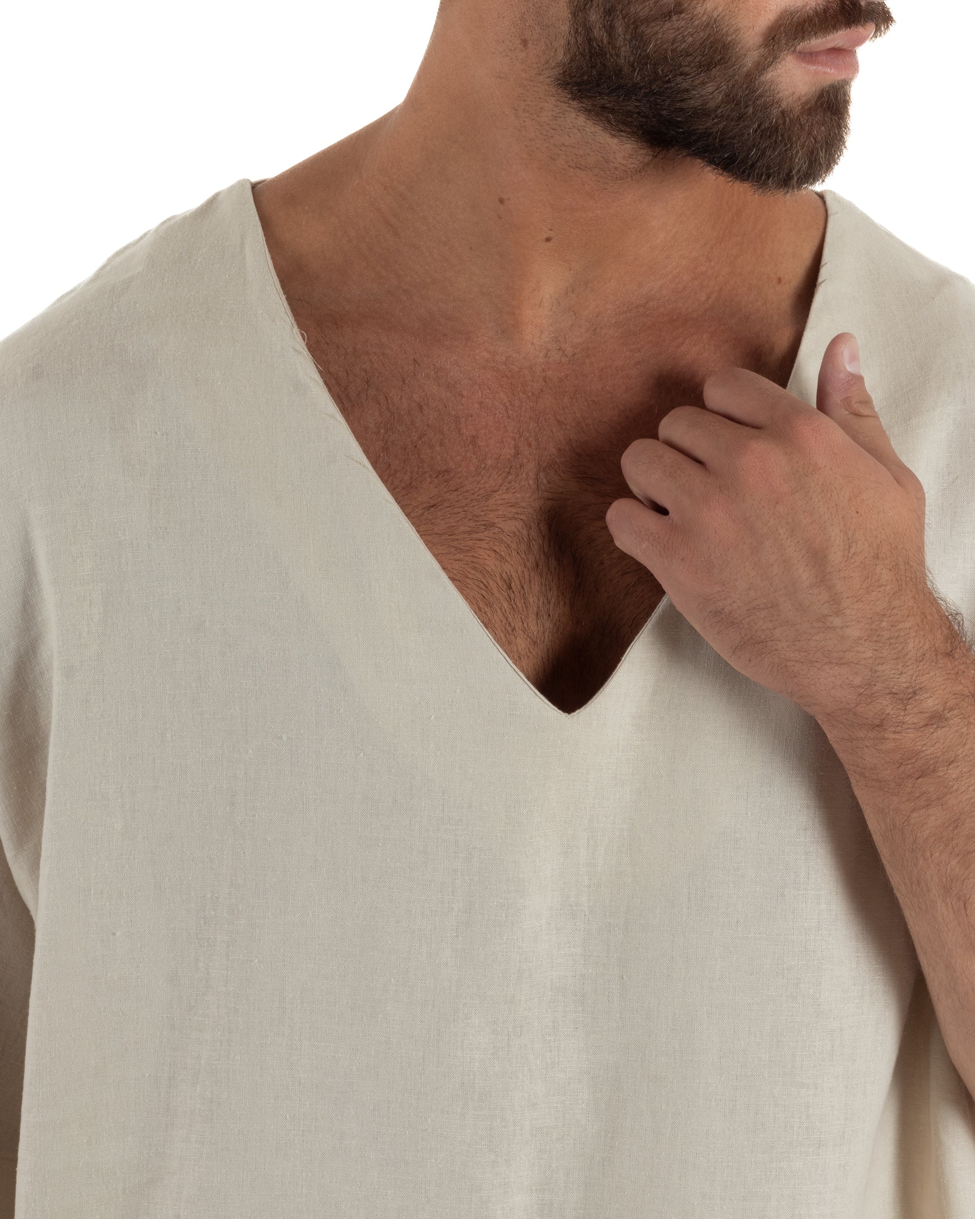 T-shirt casacca uomo lino over fit con scollo a v profondo beige GIOSAL-TS3278A