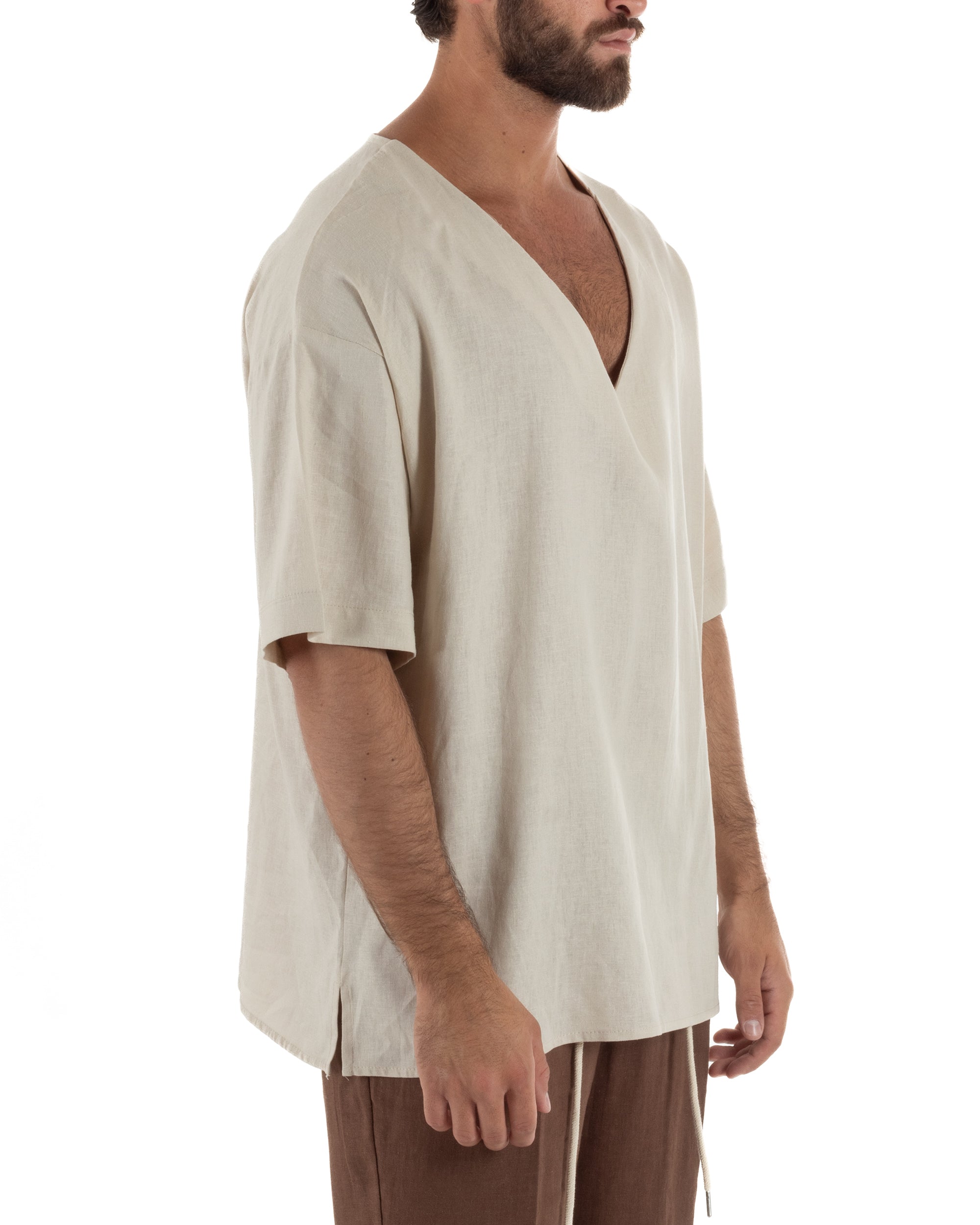 T-shirt casacca uomo lino over fit con scollo a v profondo beige GIOSAL-TS3278A