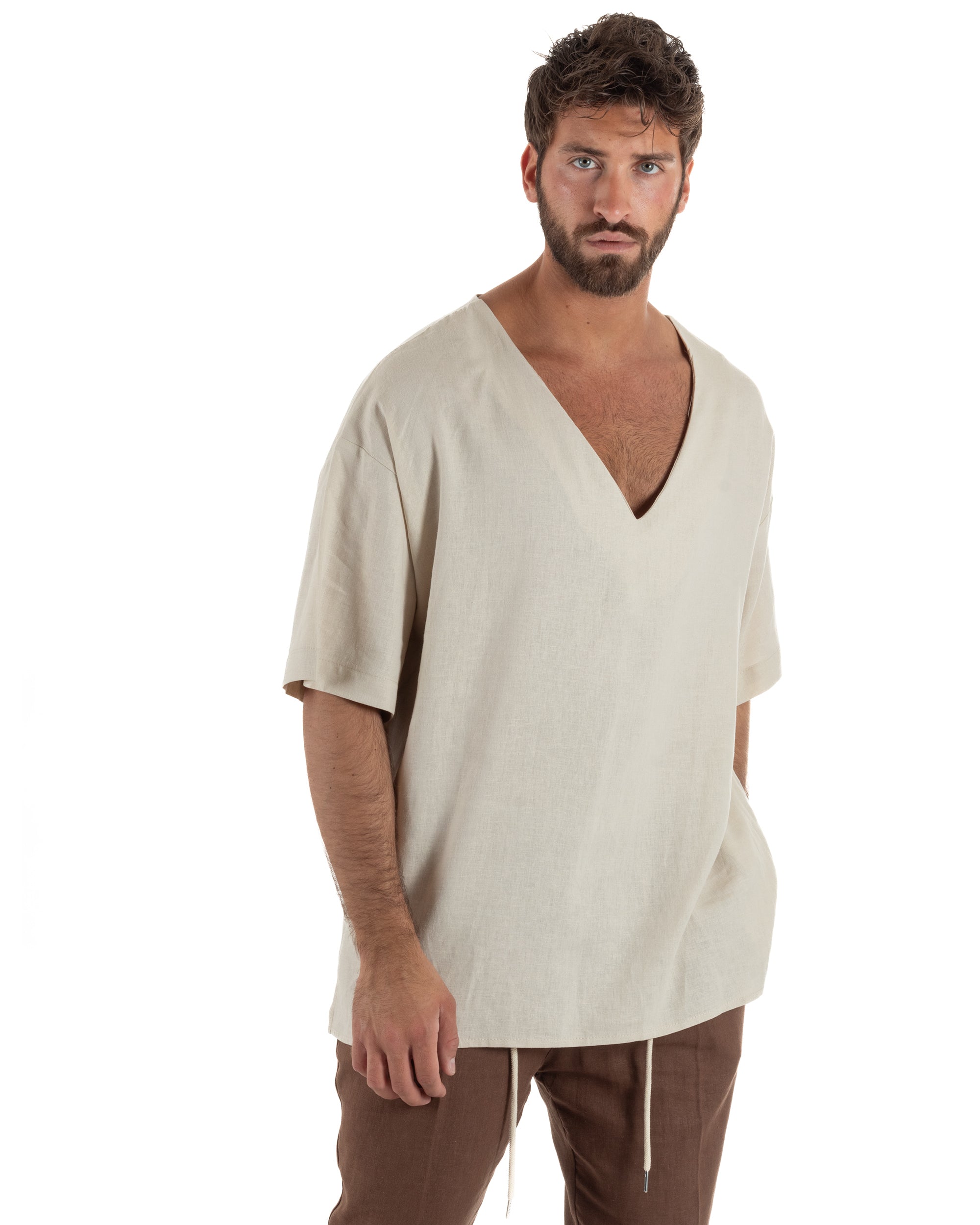 T-shirt casacca uomo lino over fit con scollo a v profondo beige GIOSAL-TS3278A