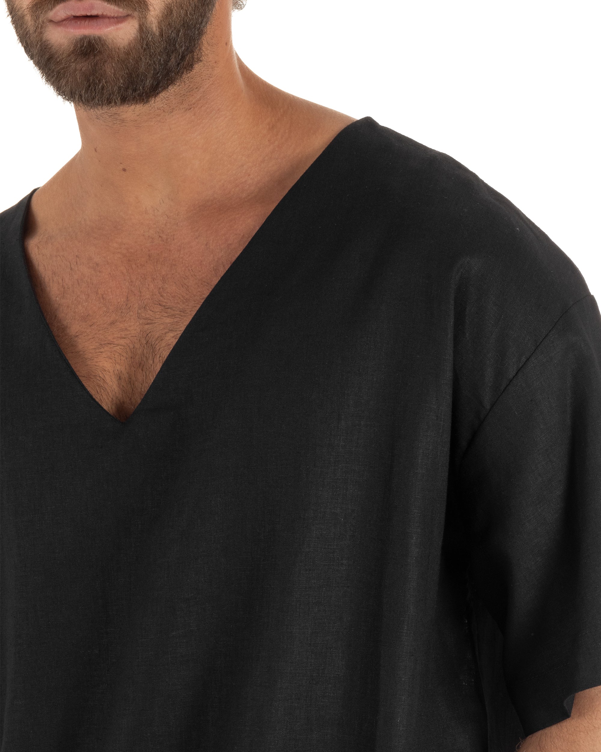T-shirt casacca uomo lino over fit con scollo a v profondo nero GIOSAL-TS3279A