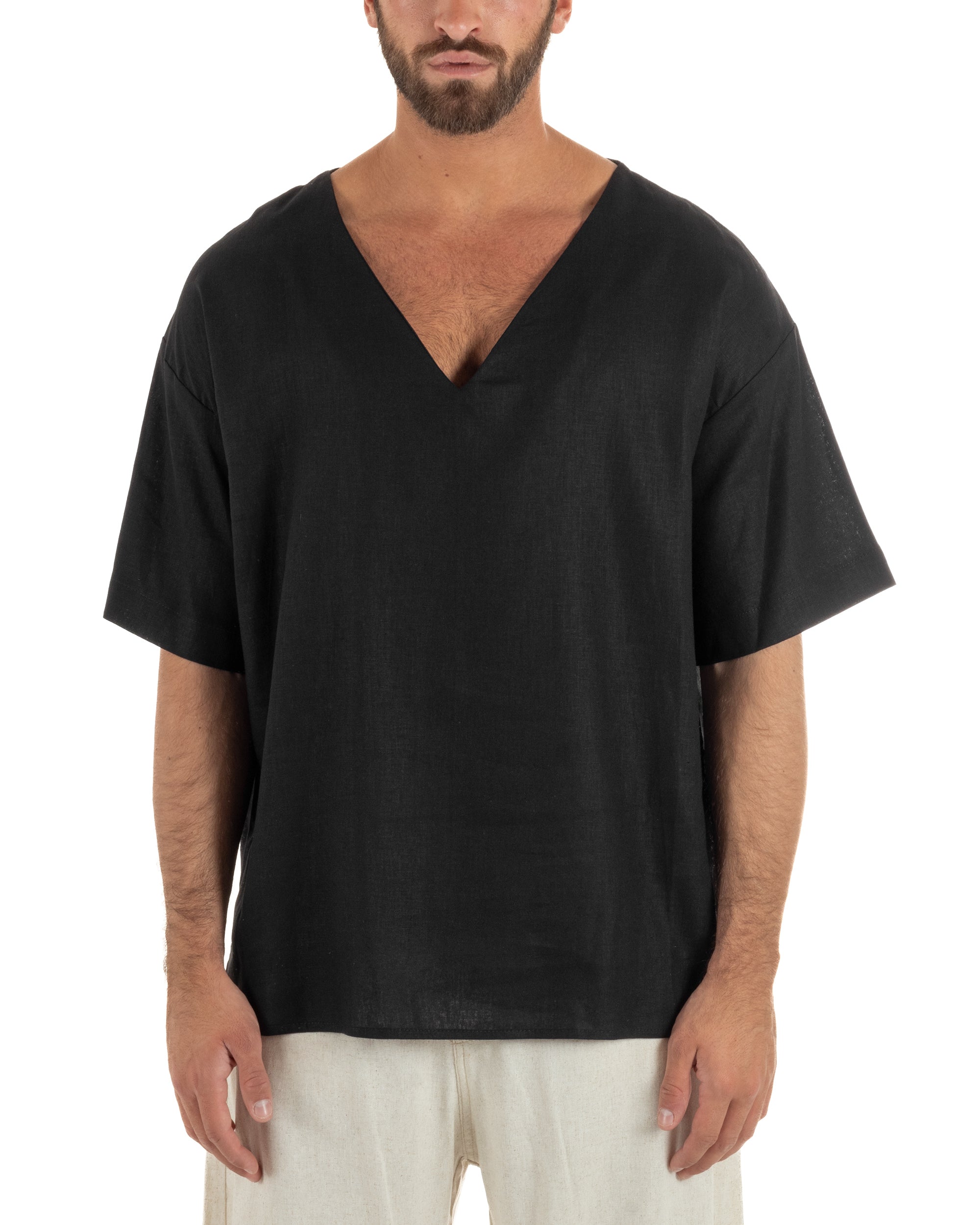 T-shirt casacca uomo lino over fit con scollo a v profondo nero GIOSAL-TS3279A