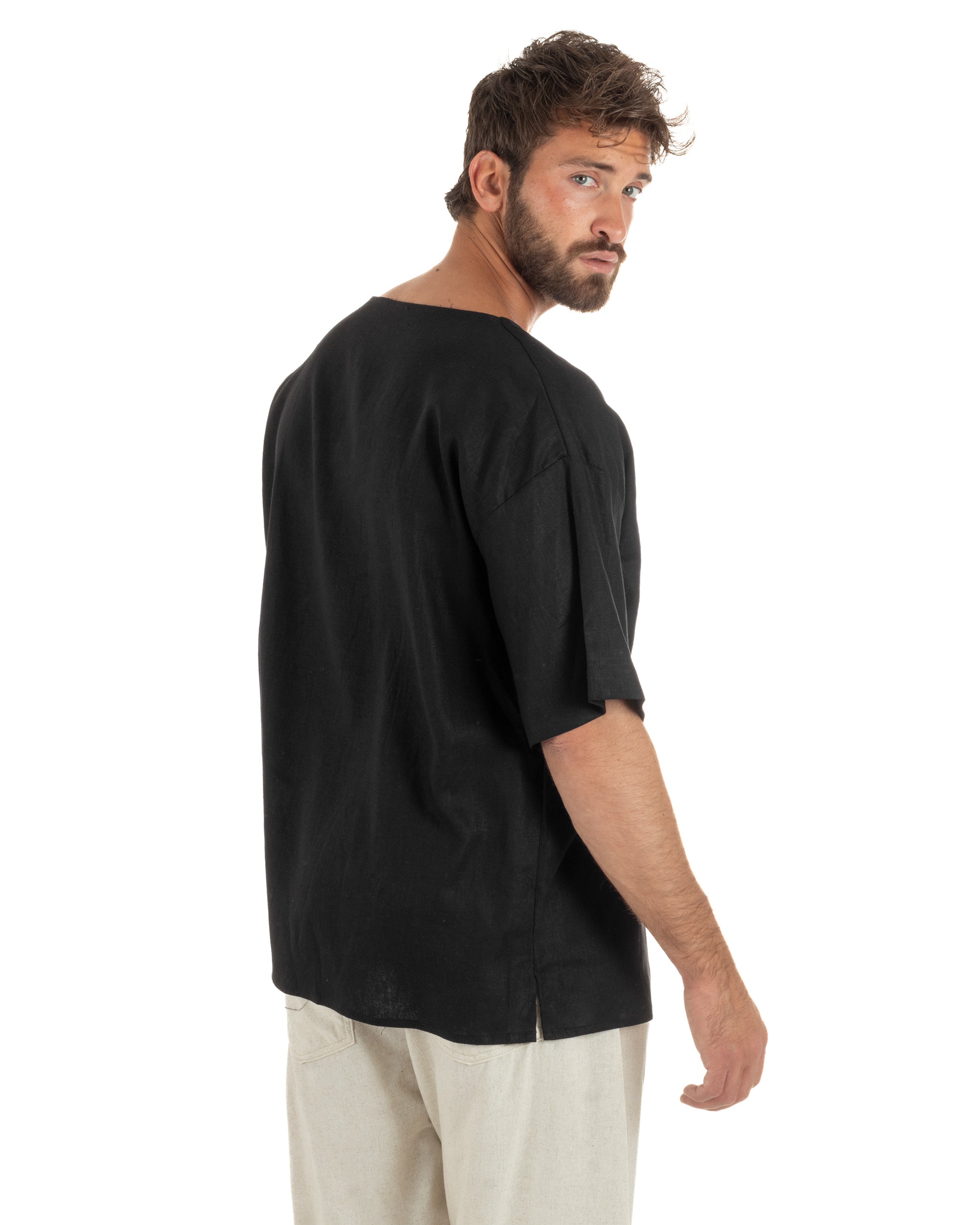 T-shirt casacca uomo lino over fit con scollo a v profondo nero GIOSAL-TS3279A