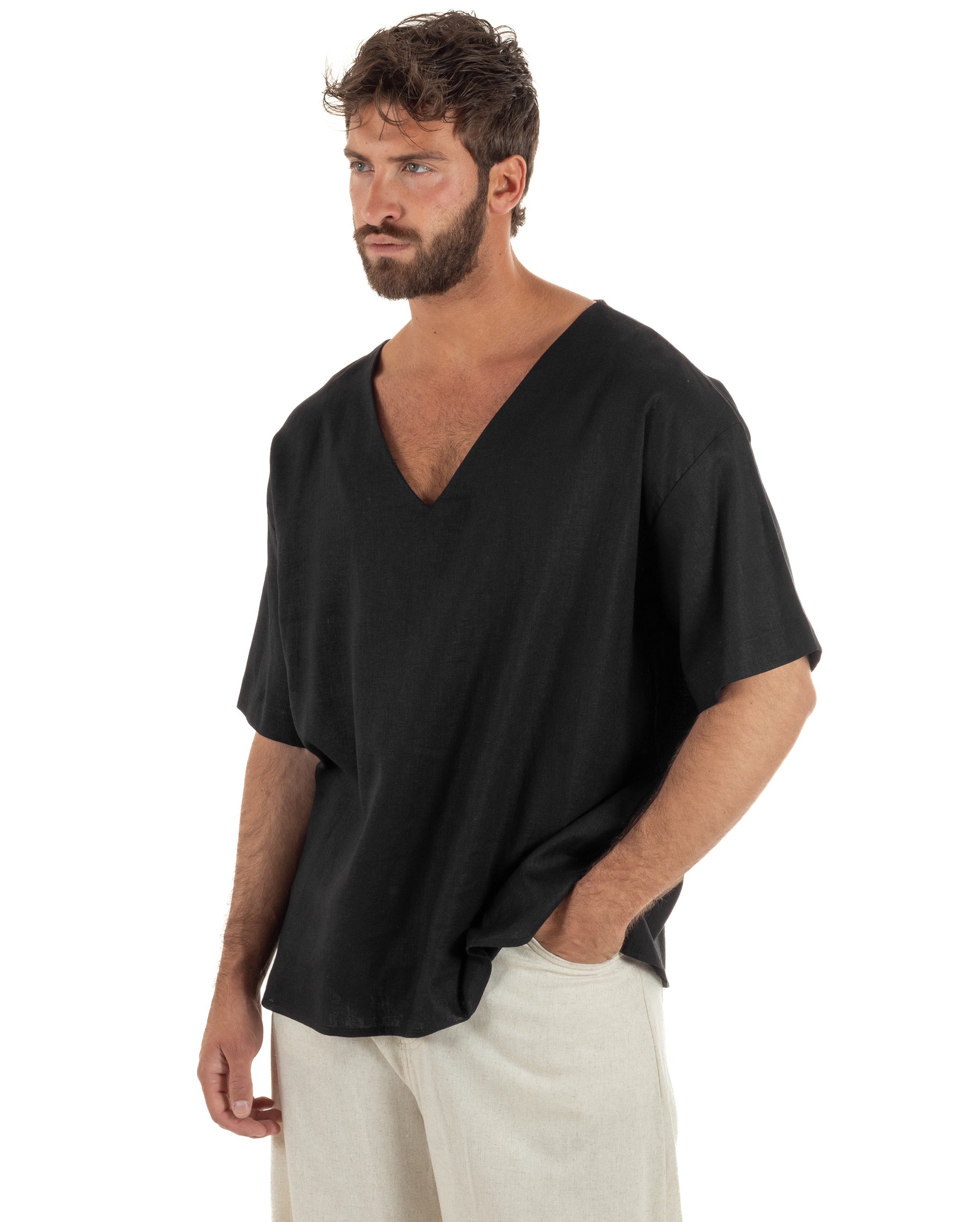 T-shirt casacca uomo lino over fit con scollo a v profondo nero GIOSAL-TS3279A
