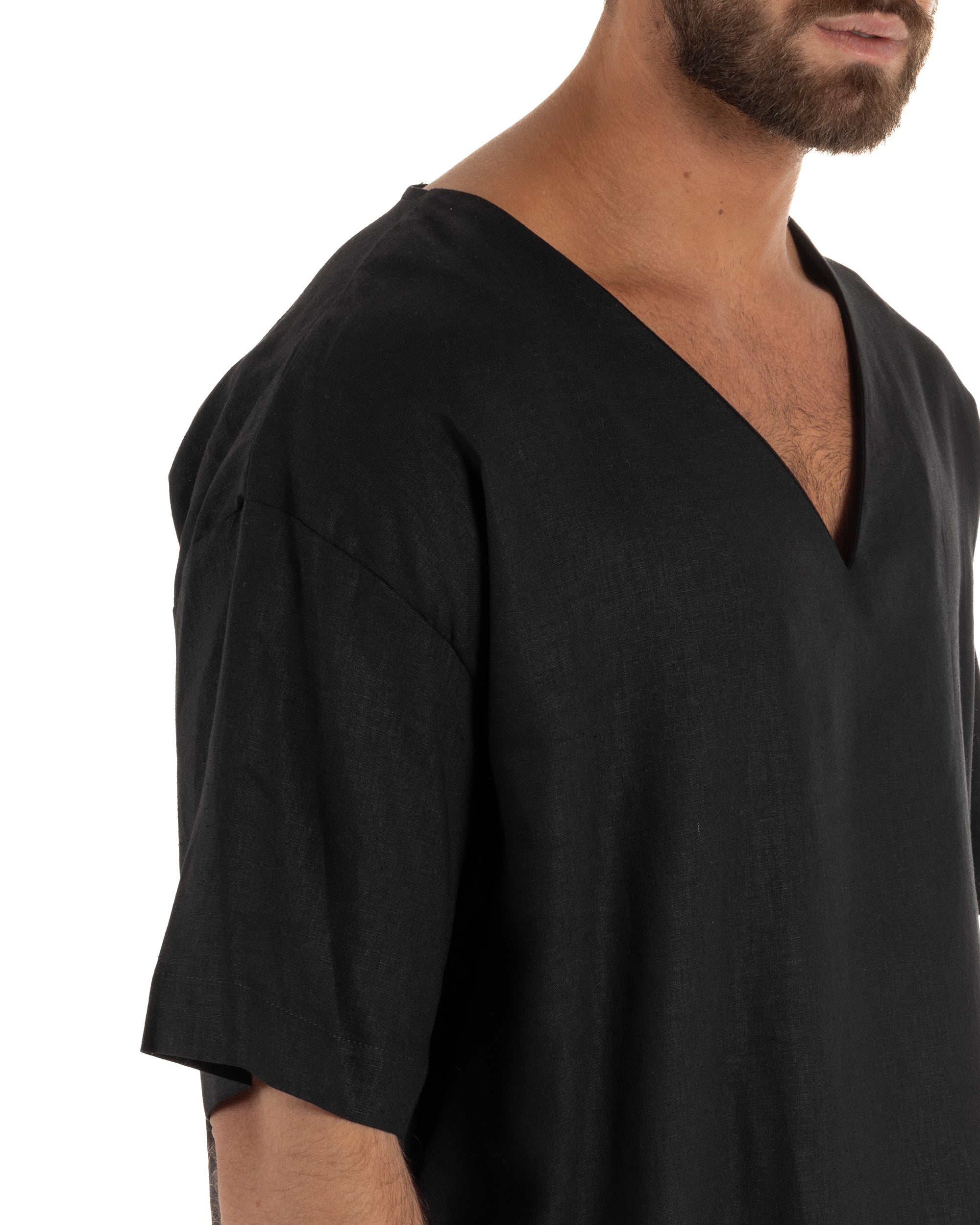 T-shirt casacca uomo lino over fit con scollo a v profondo nero GIOSAL-TS3279A