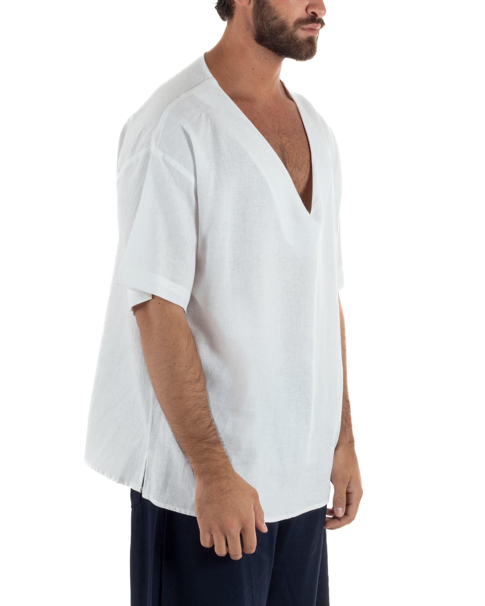 T-shirt casacca uomo lino over fit con scollo a v profondo bianco GIOSAL-TS3280A