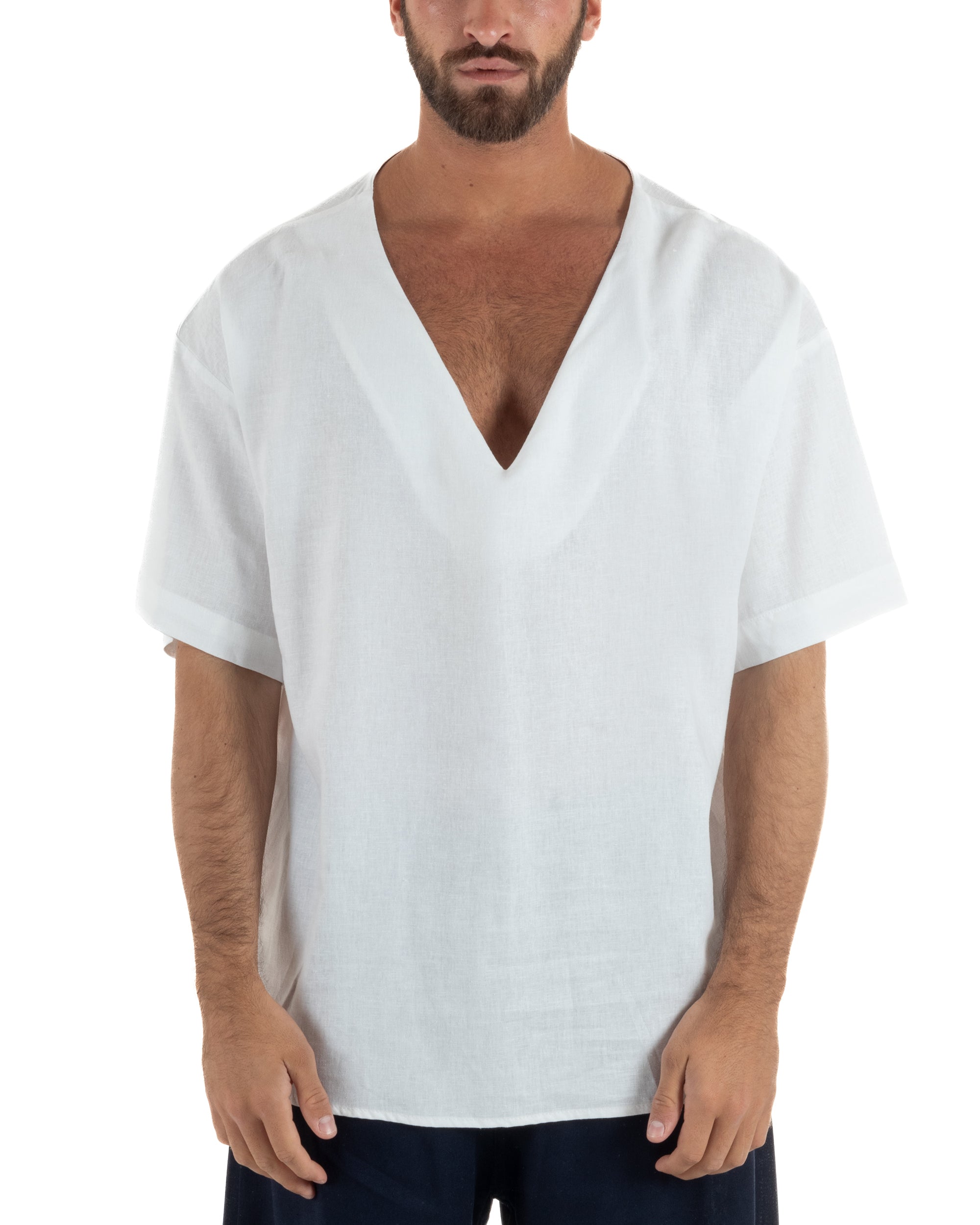 T-shirt casacca uomo lino over fit con scollo a v profondo bianco GIOSAL-TS3280A