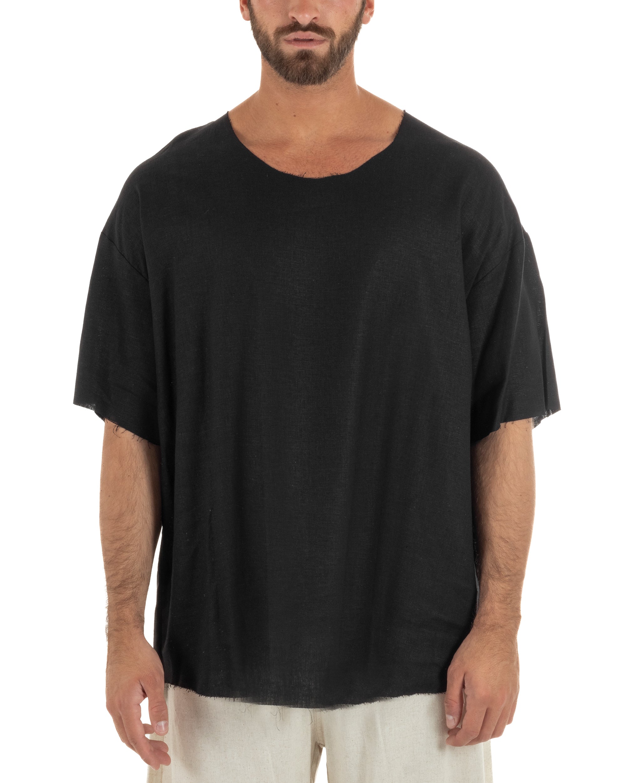 T-shirt casacca uomo lino girocollo over fit sfrangiata nero GIOSAL-TS3281A