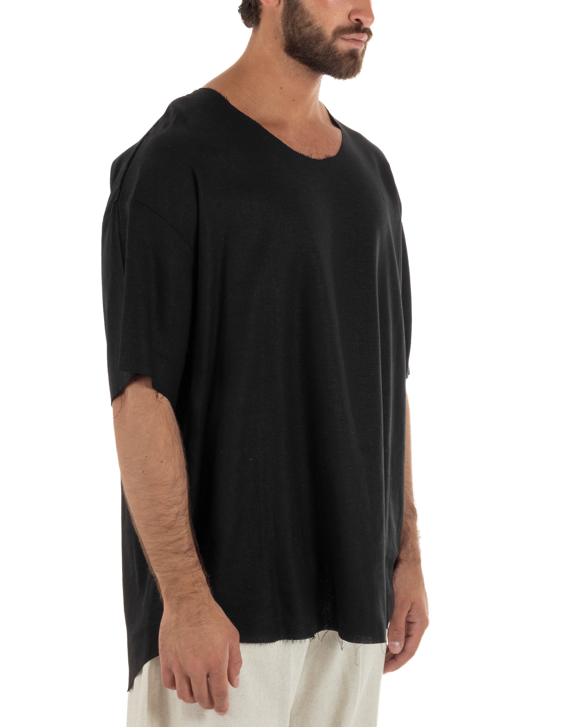 T-shirt casacca uomo lino girocollo over fit sfrangiata nero GIOSAL-TS3281A