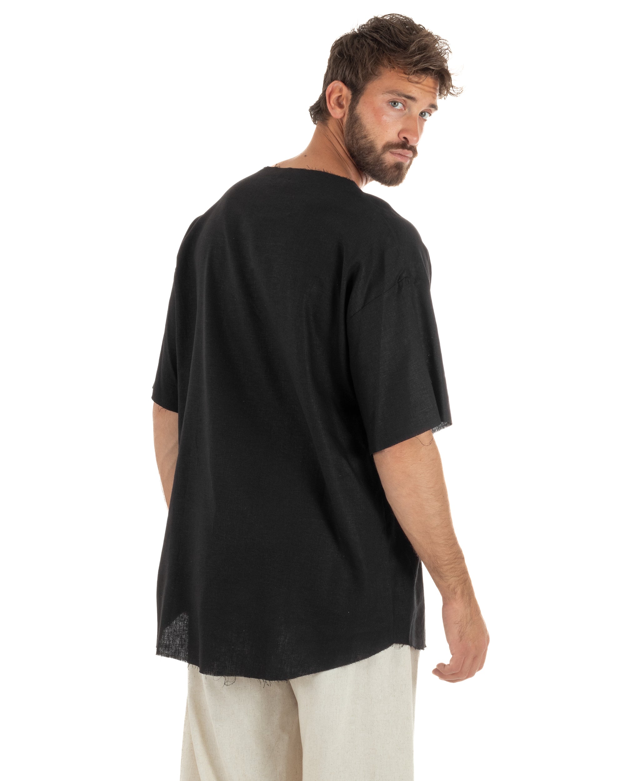 T-shirt casacca uomo lino girocollo over fit sfrangiata nero GIOSAL-TS3281A