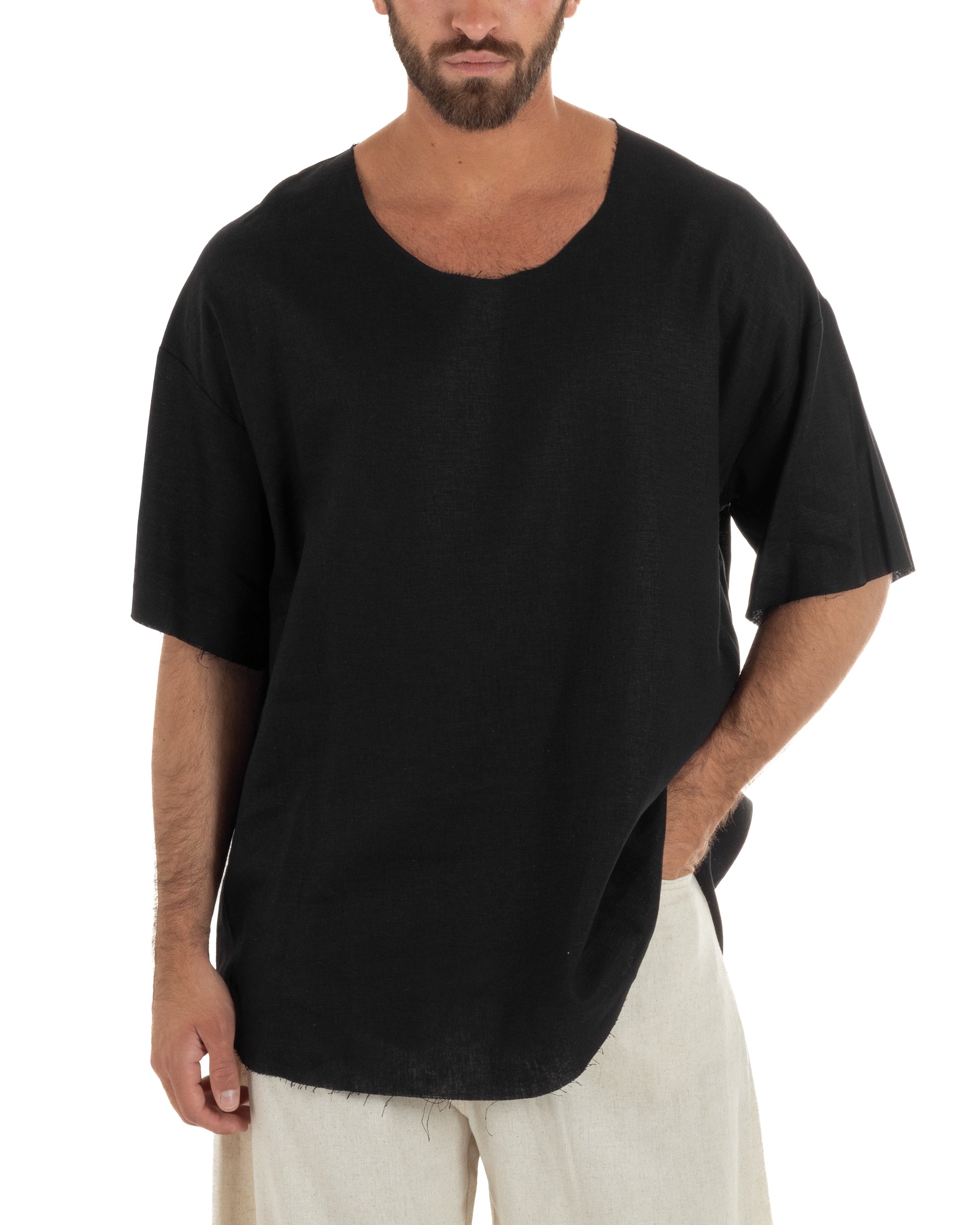 T-shirt casacca uomo lino girocollo over fit sfrangiata nero GIOSAL-TS3281A