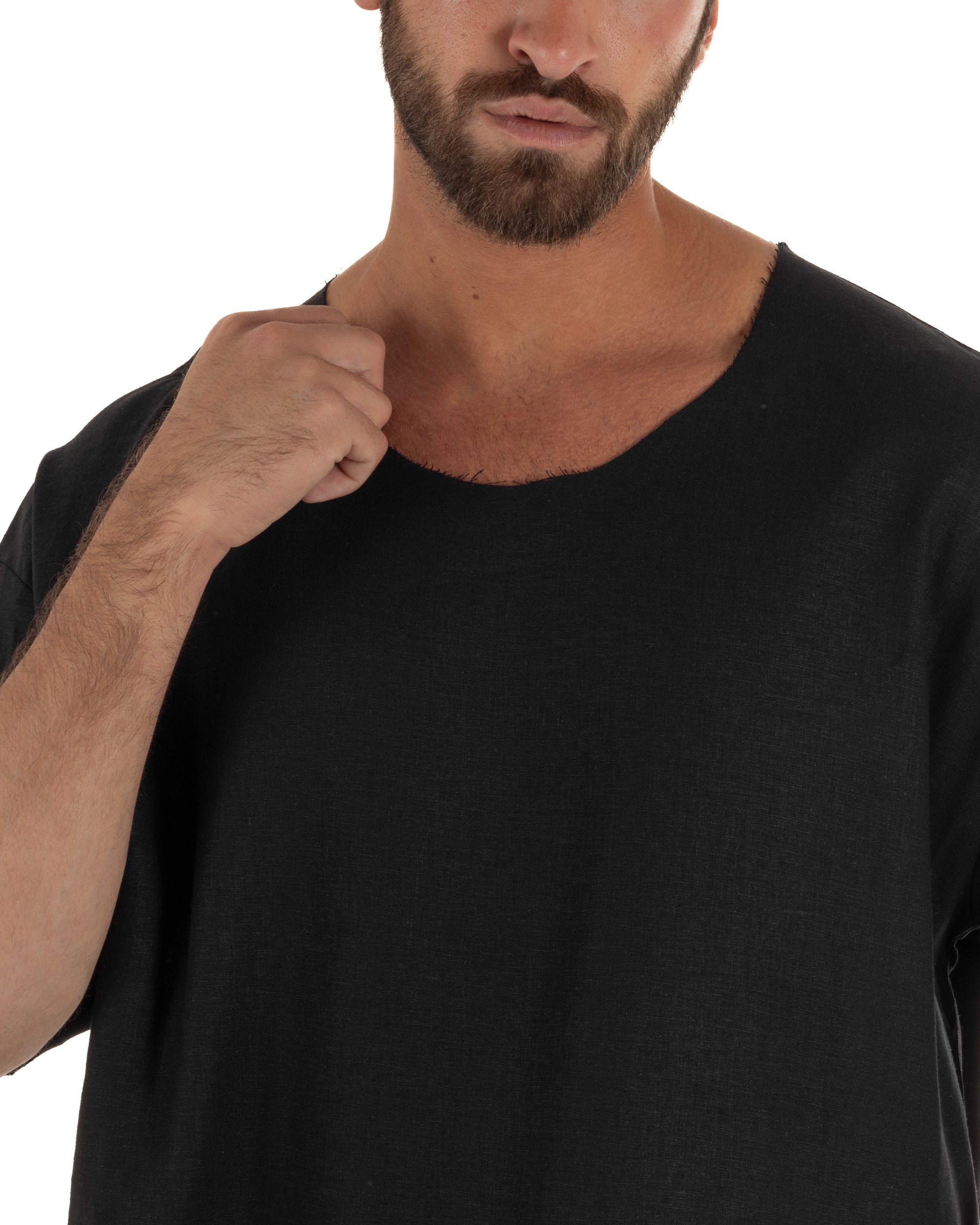 T-shirt casacca uomo lino girocollo over fit sfrangiata nero GIOSAL-TS3281A