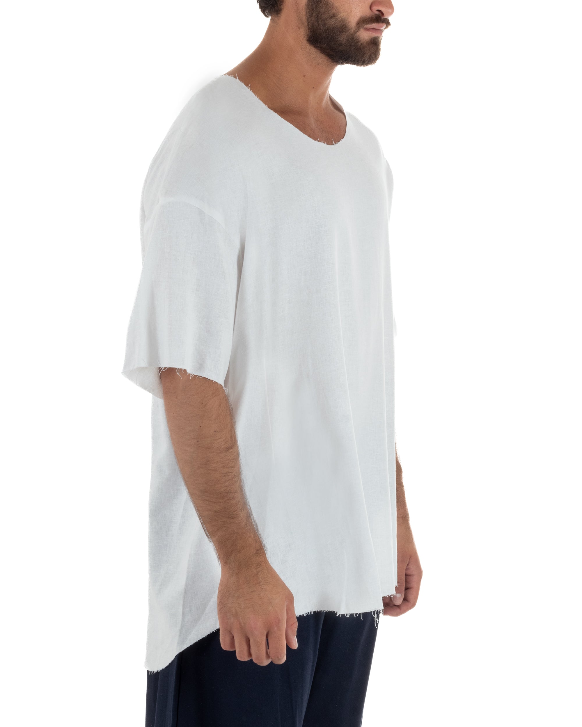 T-shirt casacca uomo lino girocollo over fit sfrangiata bianco GIOSAL-TS3282A