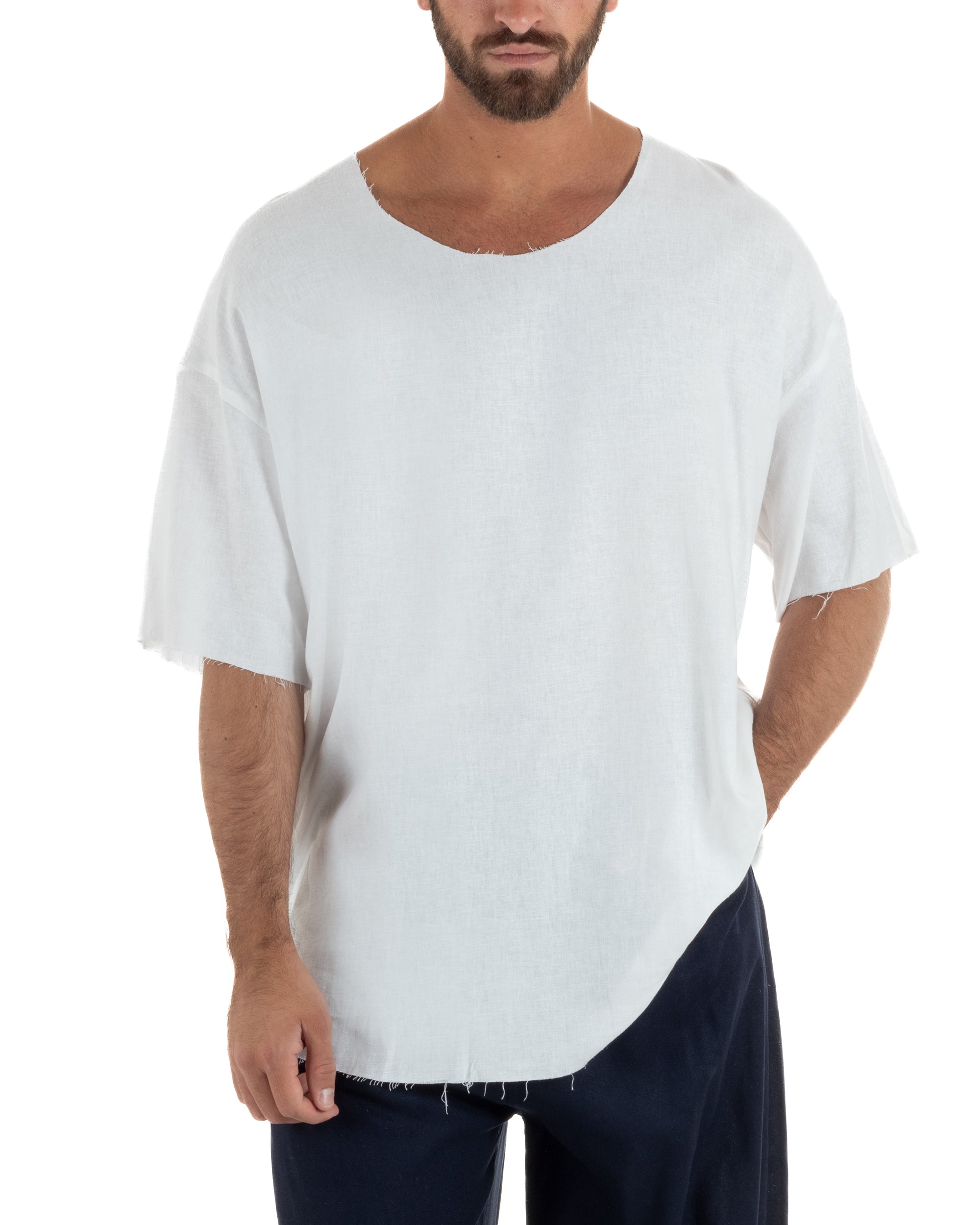 T-shirt casacca uomo lino girocollo over fit sfrangiata bianco GIOSAL-TS3282A