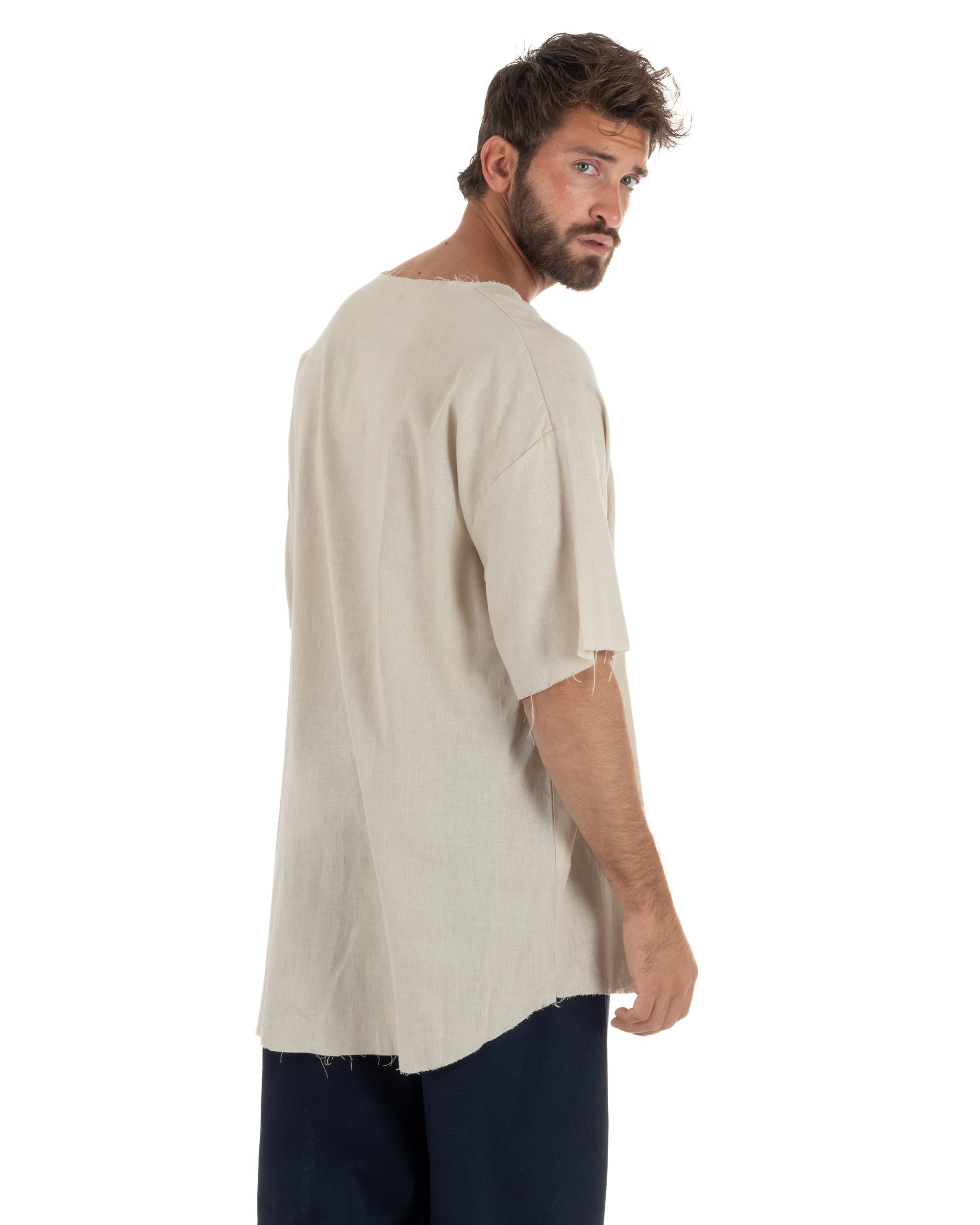 T-shirt casacca uomo lino girocollo over fit sfrangiata beige GIOSAL-TS3283A