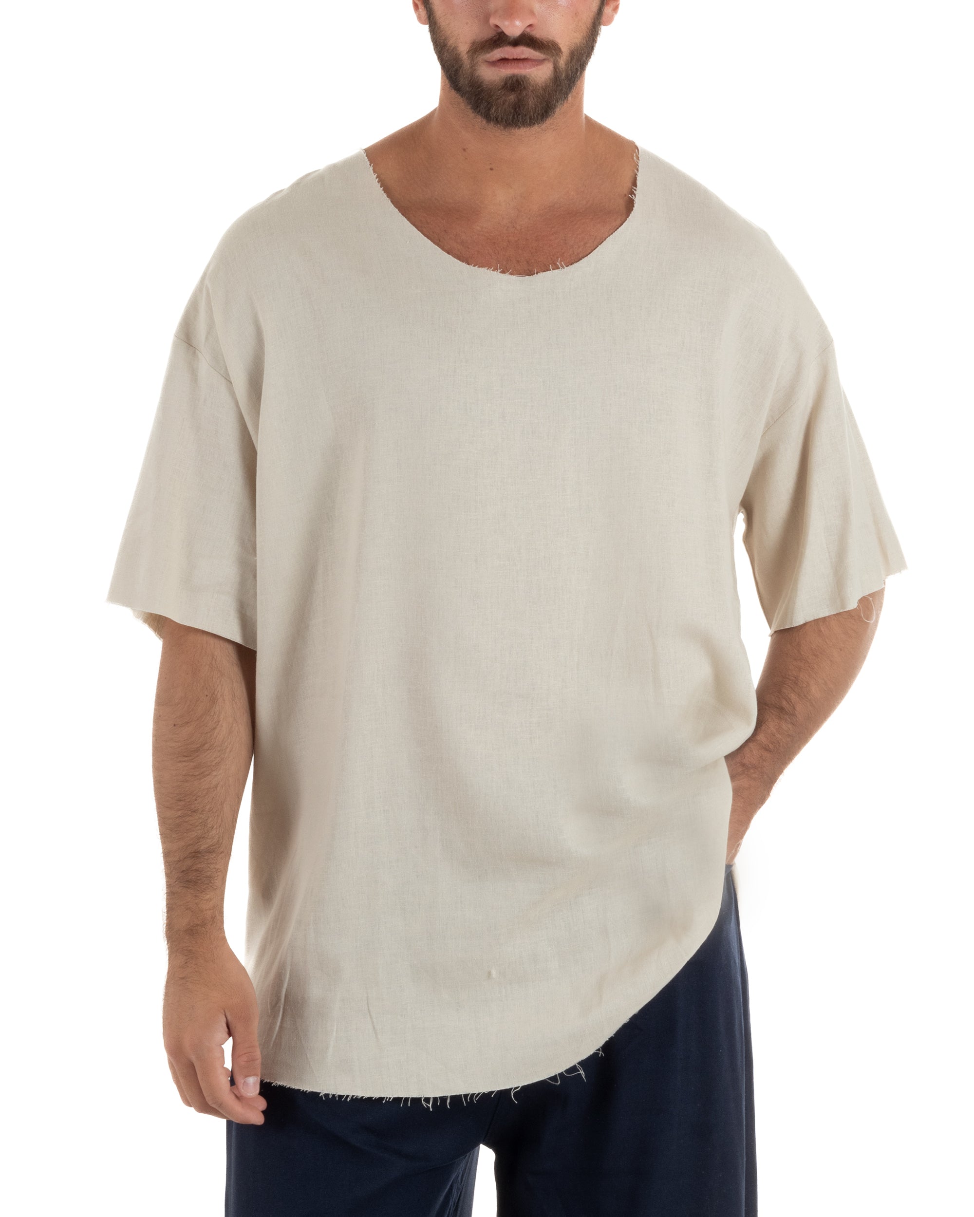 T-shirt casacca uomo lino girocollo over fit sfrangiata beige GIOSAL-TS3283A