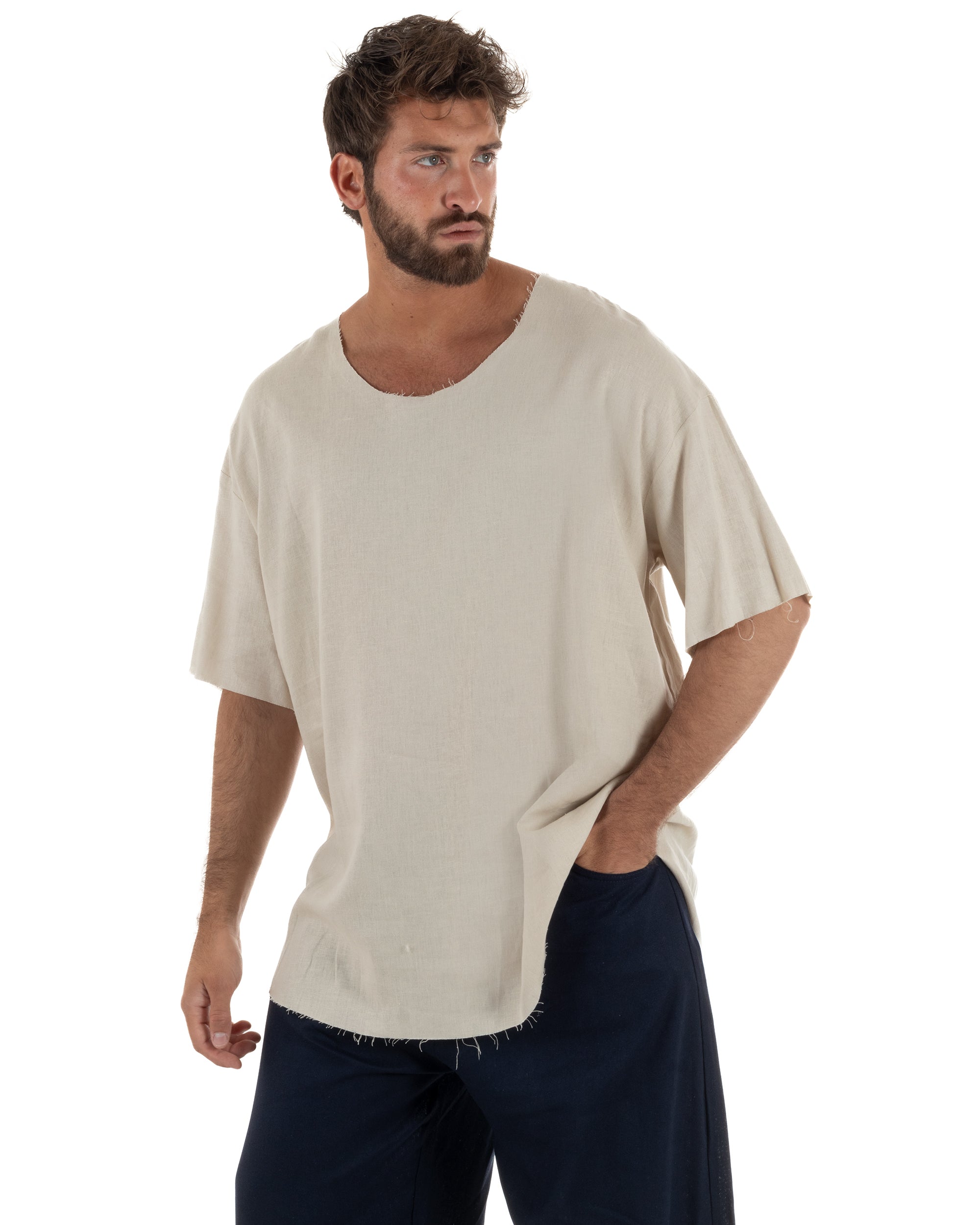 T-shirt casacca uomo lino girocollo over fit sfrangiata beige GIOSAL-TS3283A