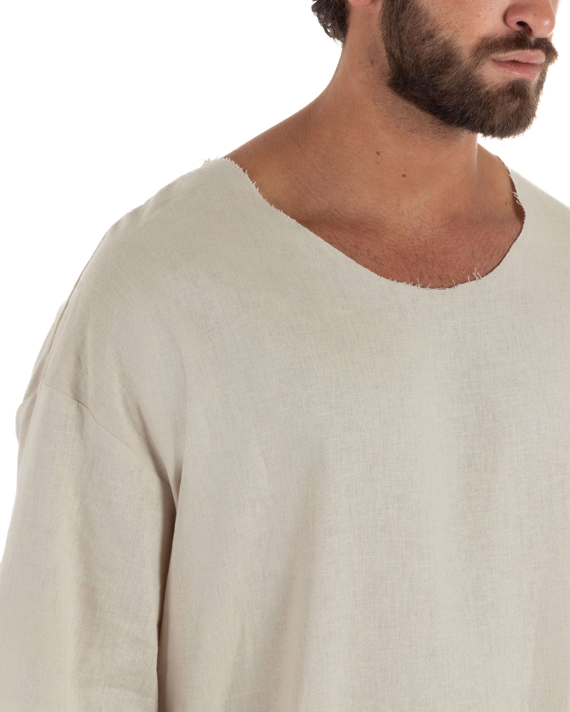 T-shirt casacca uomo lino girocollo over fit sfrangiata beige GIOSAL-TS3283A