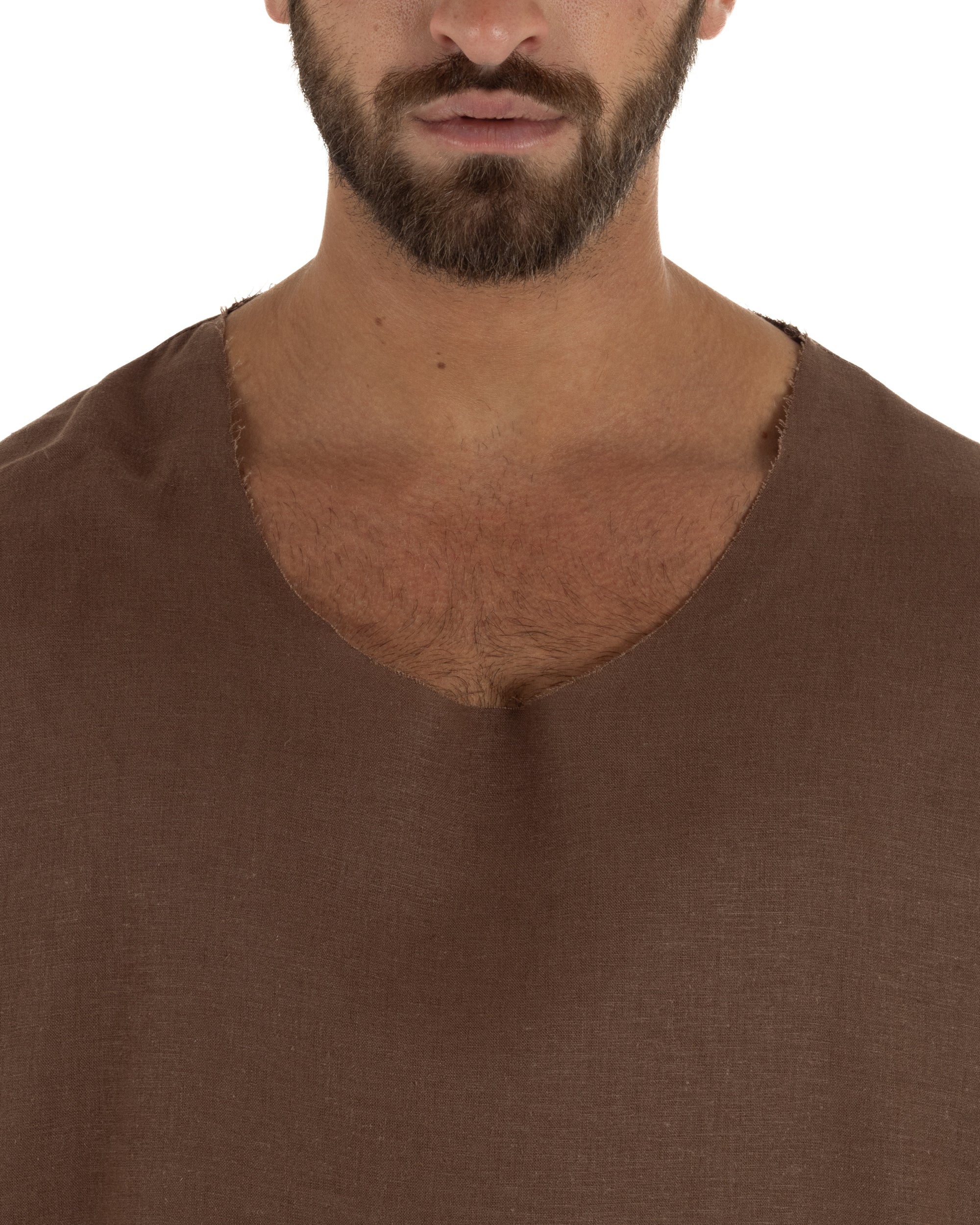 T-shirt casacca uomo lino girocollo over fit sfrangiata marrone GIOSAL-TS3284A