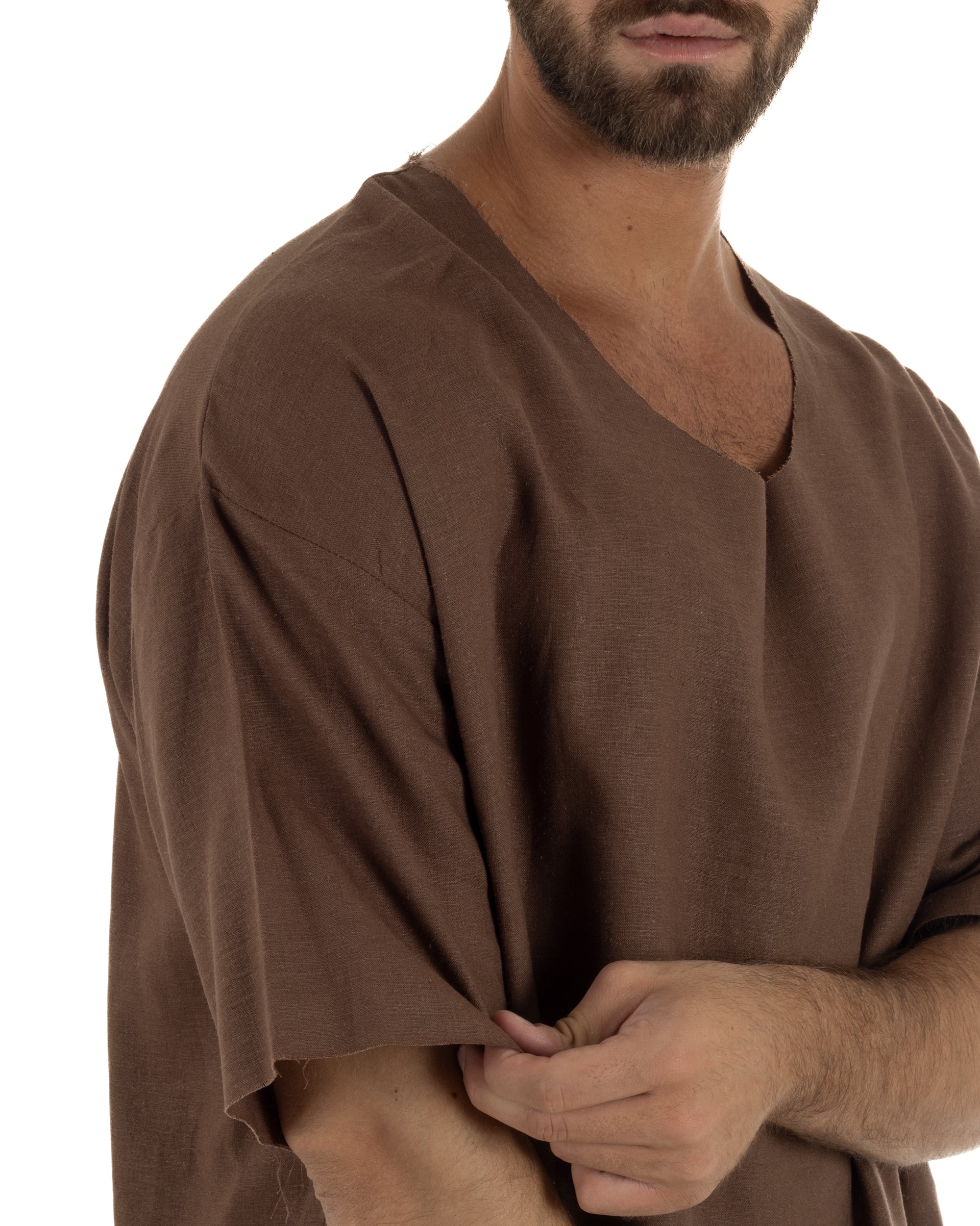 T-shirt casacca uomo lino girocollo over fit sfrangiata marrone GIOSAL-TS3284A