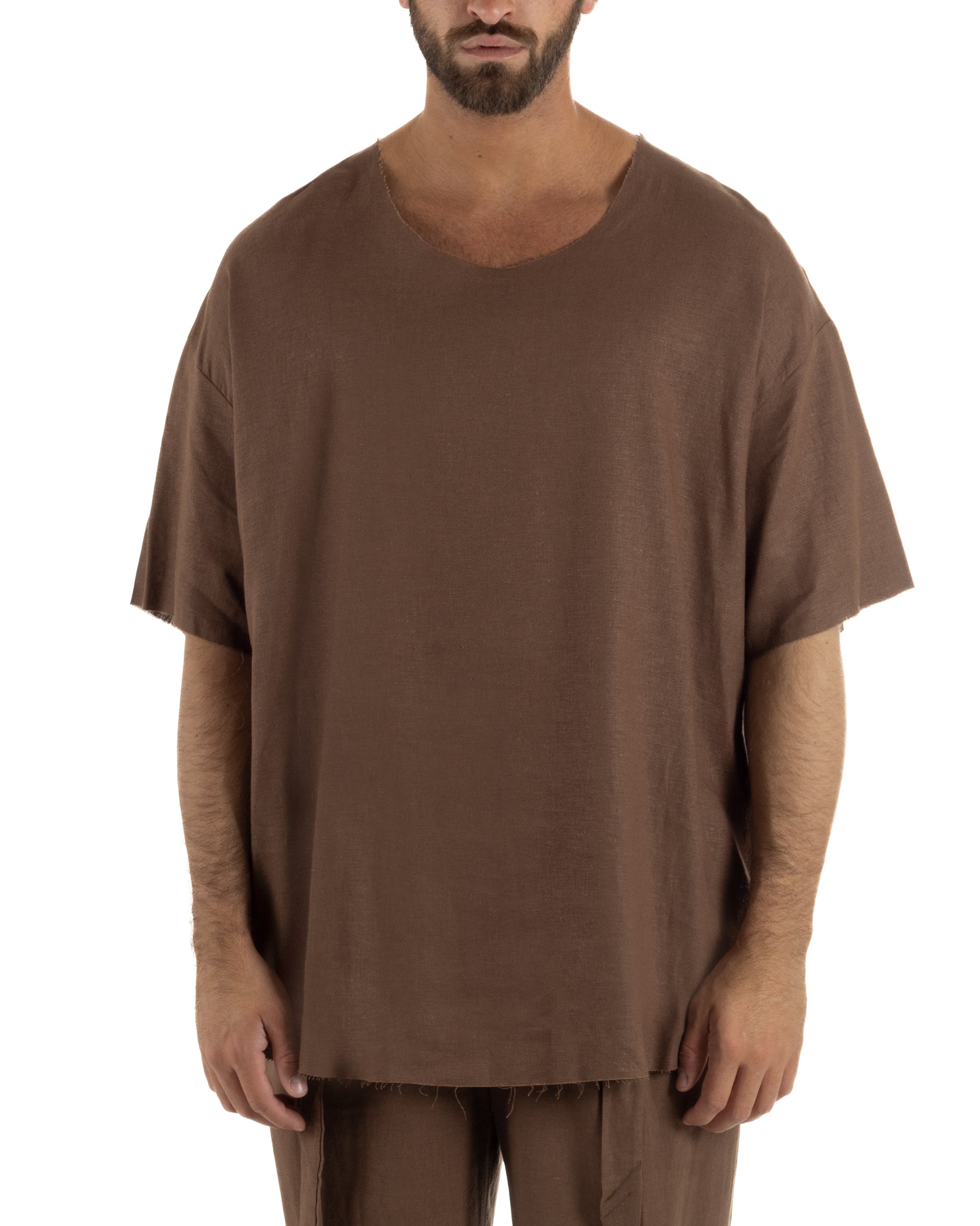 T-shirt casacca uomo lino girocollo over fit sfrangiata marrone GIOSAL-TS3284A