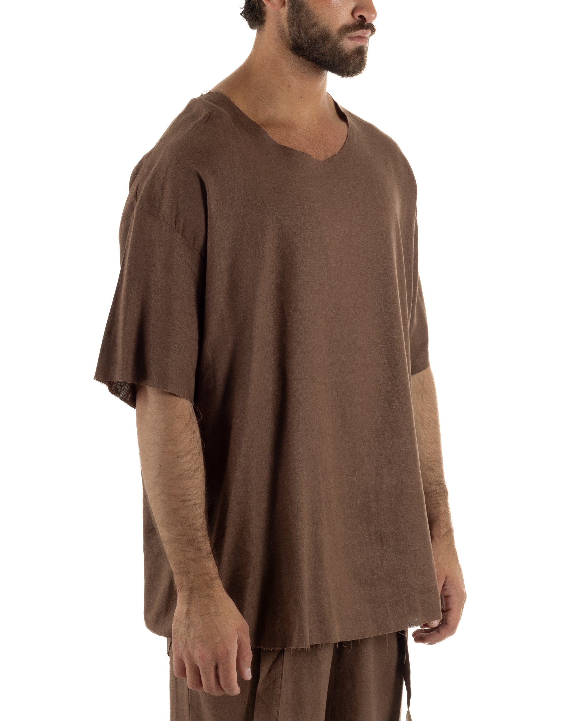 T-shirt casacca uomo lino girocollo over fit sfrangiata marrone GIOSAL-TS3284A