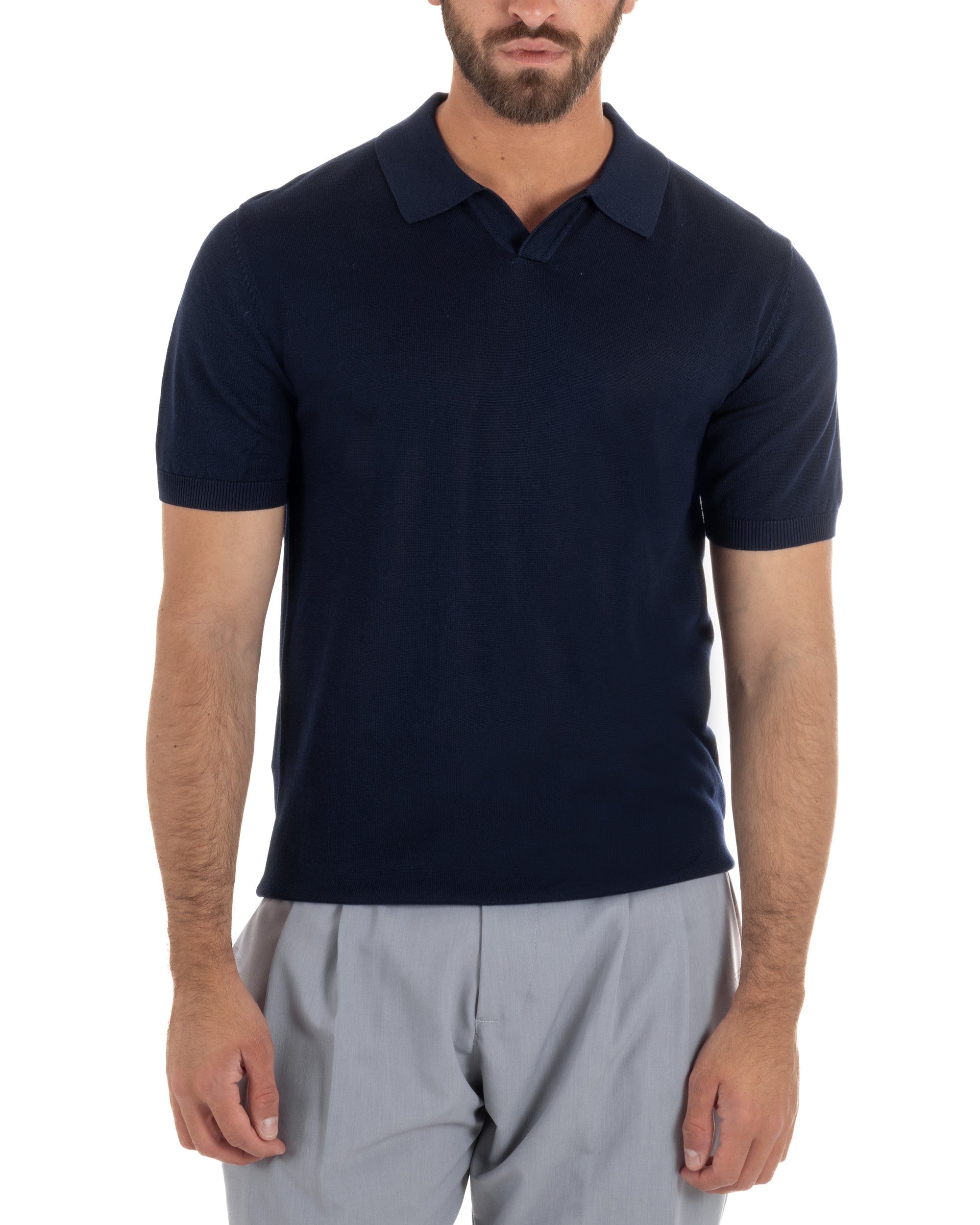 Polo uomo filo maglia basic colletto aperto sottogiacca blu GIOSAL-TS3285A