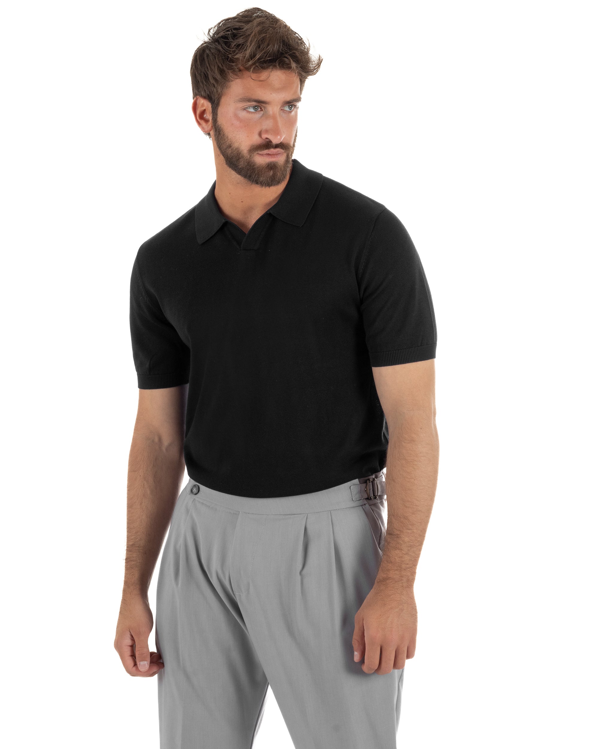 Polo uomo filo maglia basic colletto aperto sottogiacca nero GIOSAL-TS3286A