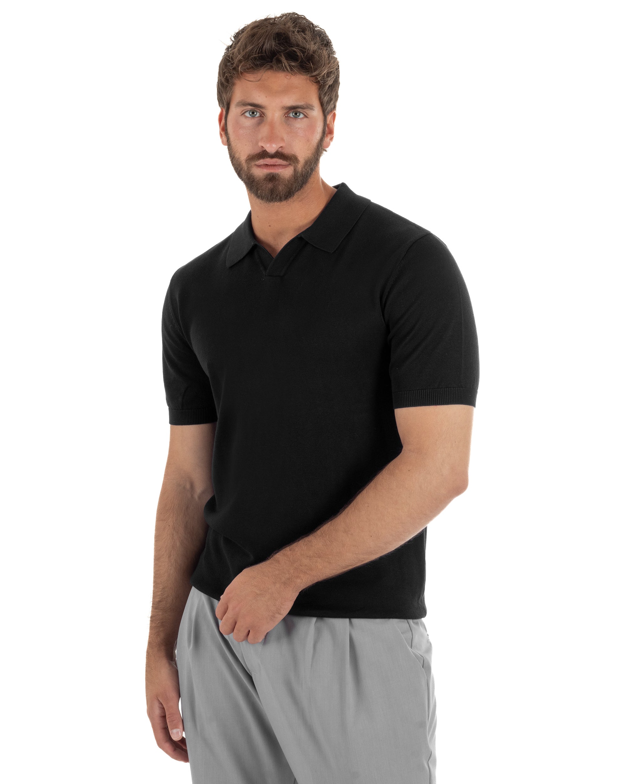 Polo uomo filo maglia basic colletto aperto sottogiacca nero GIOSAL-TS3286A