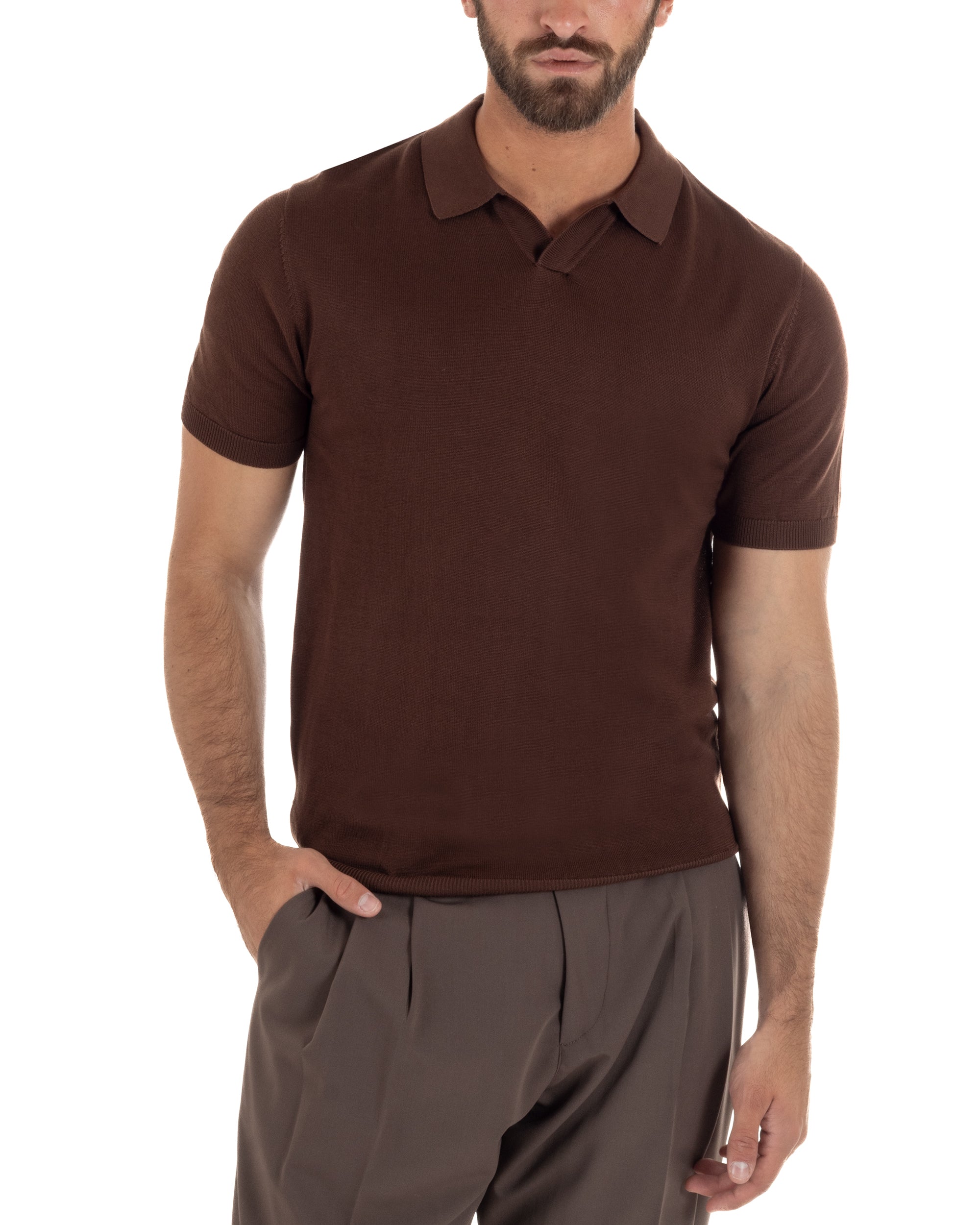 Polo uomo filo maglia basic colletto aperto sottogiacca marrone GIOSAL-TS3288A