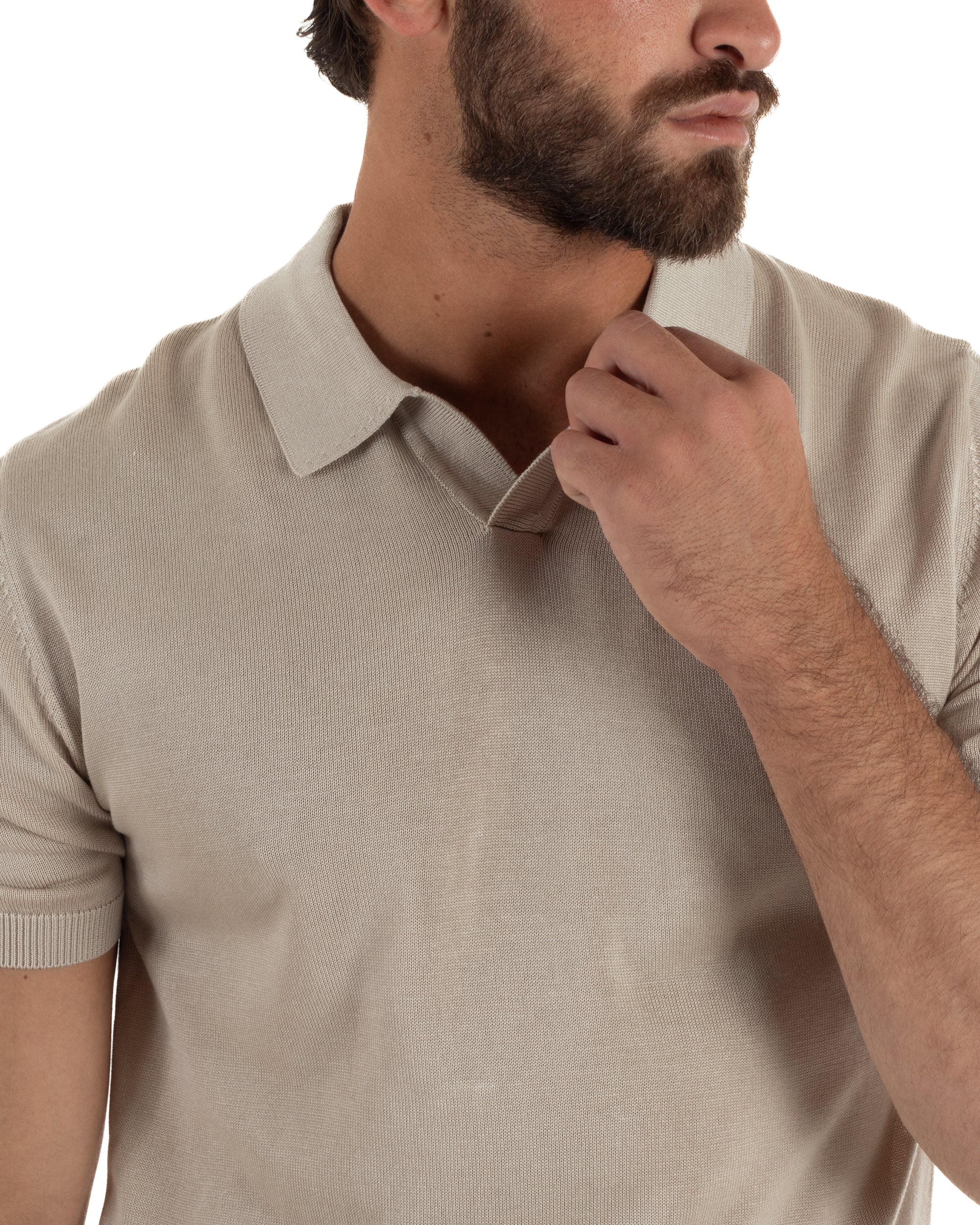 Polo uomo filo maglia basic colletto aperto sottogiacca beige GIOSAL-TS3289A