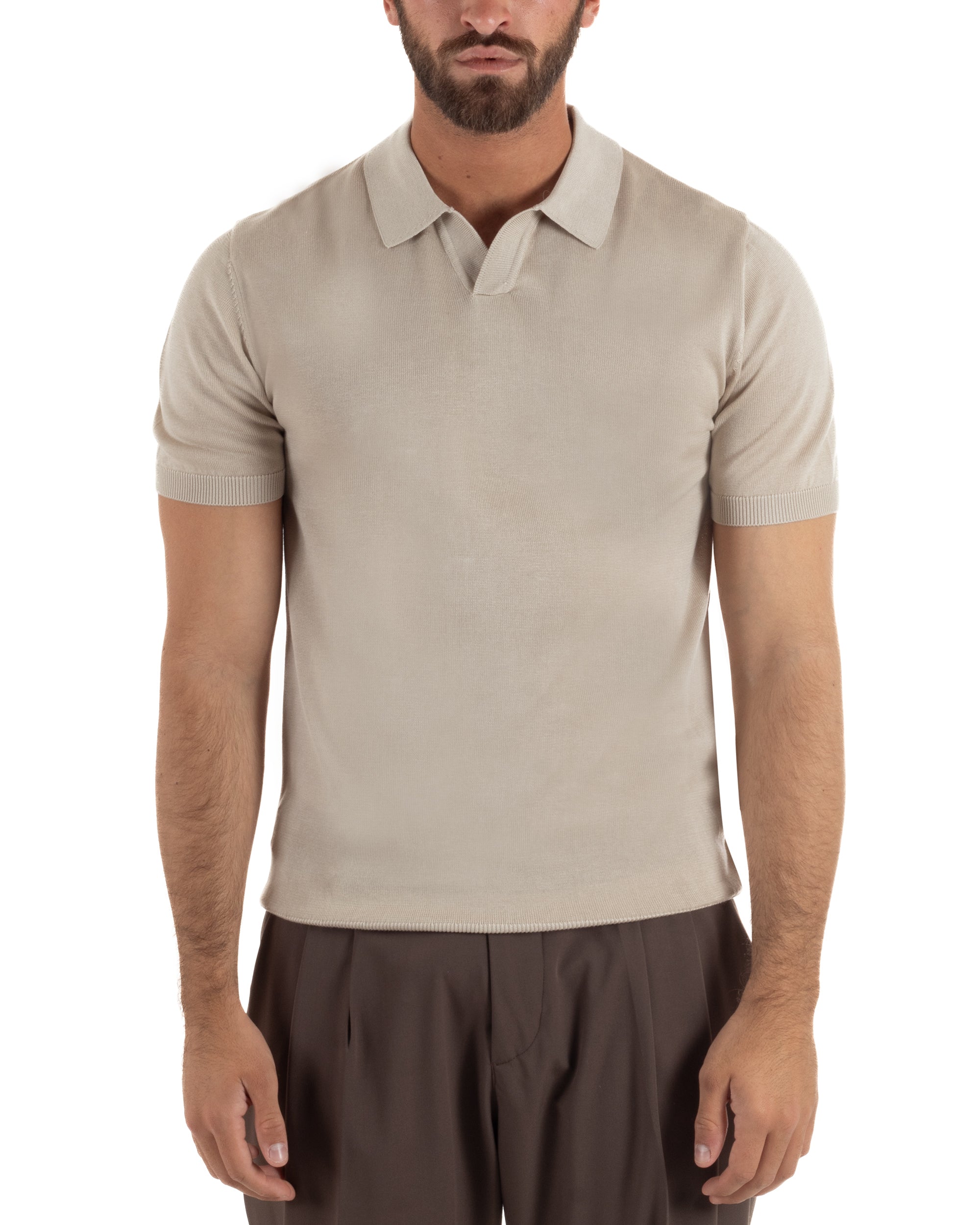 Polo uomo filo maglia basic colletto aperto sottogiacca beige GIOSAL-TS3289A